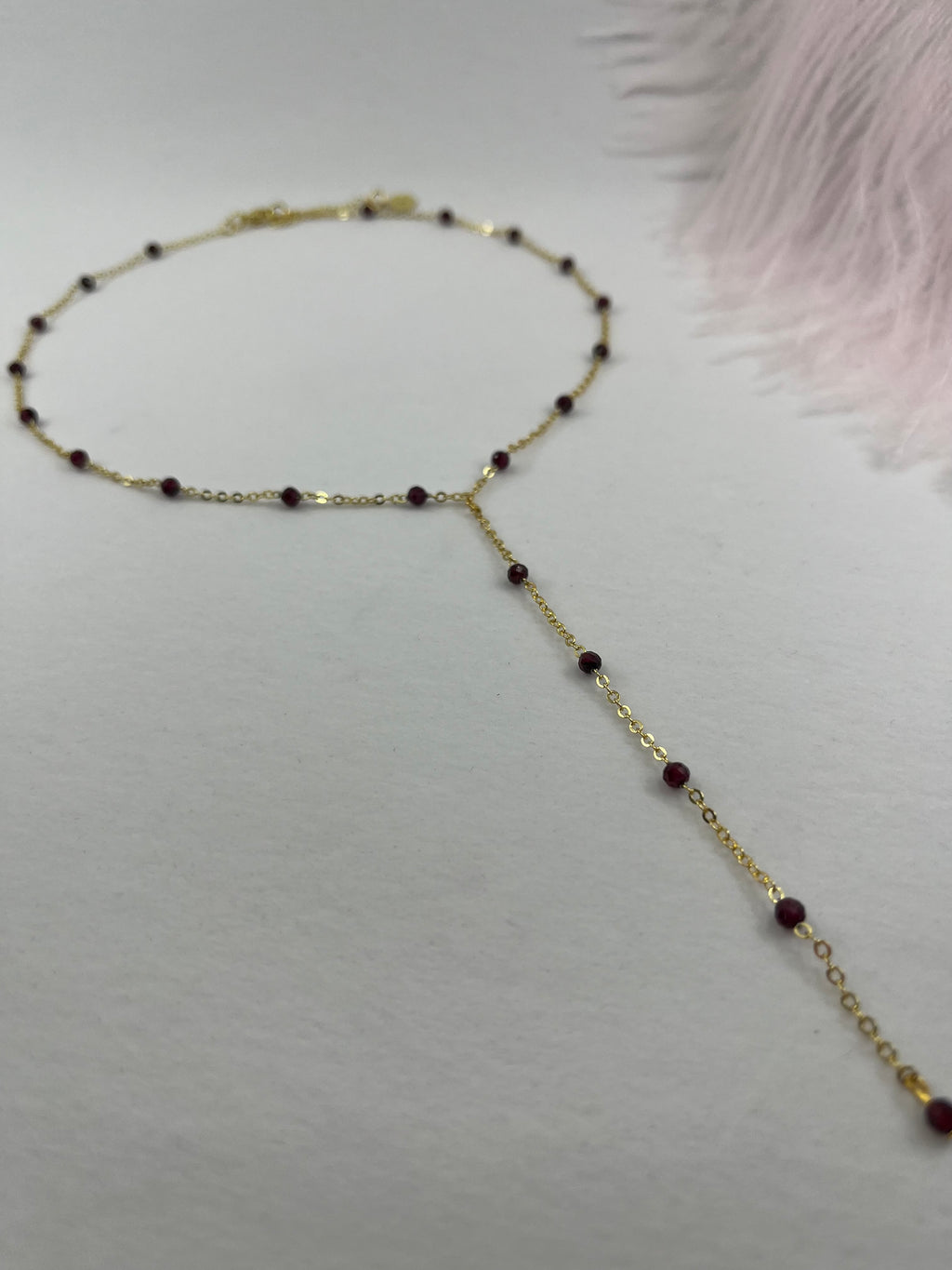 Lariat Garnet necklace , 18K gold plated