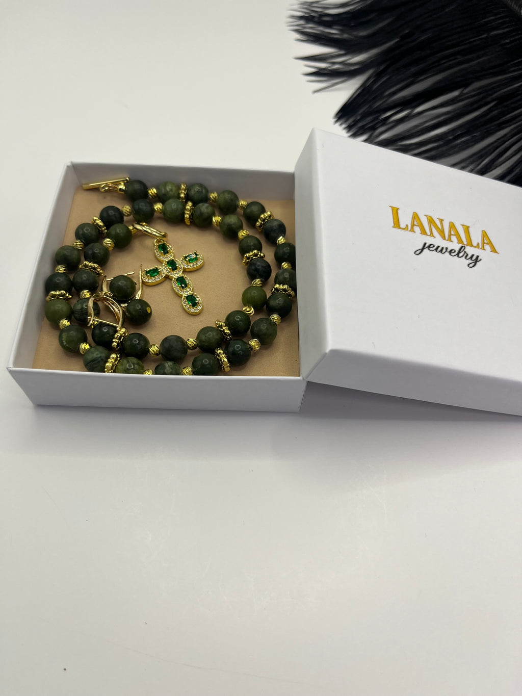 Set: Natural Taiwan Jade Necklace with Zirconia Cross 18K Gold plated