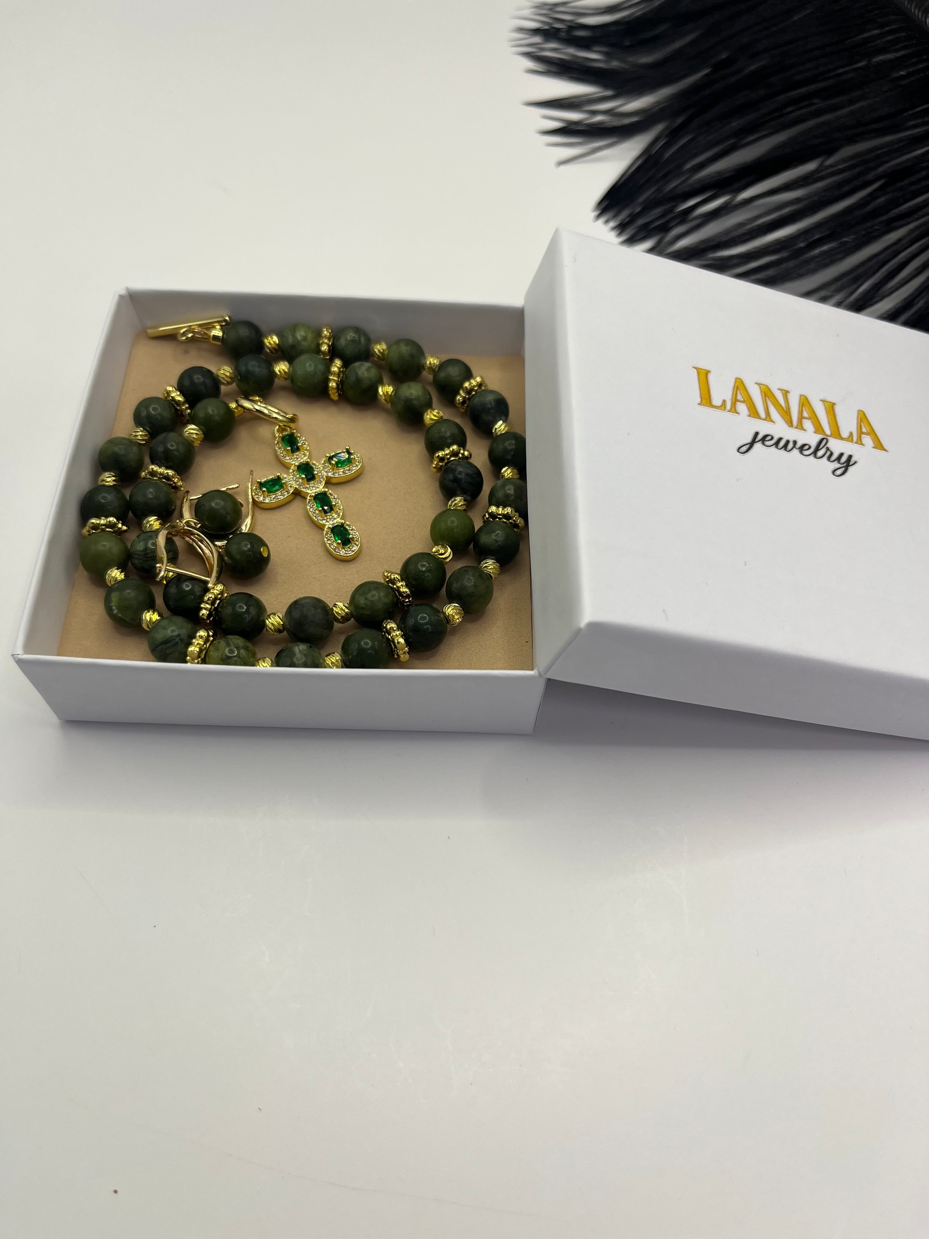 Set: Natural Taiwan Jade Necklace with Zirconia Cross 18K Gold plated