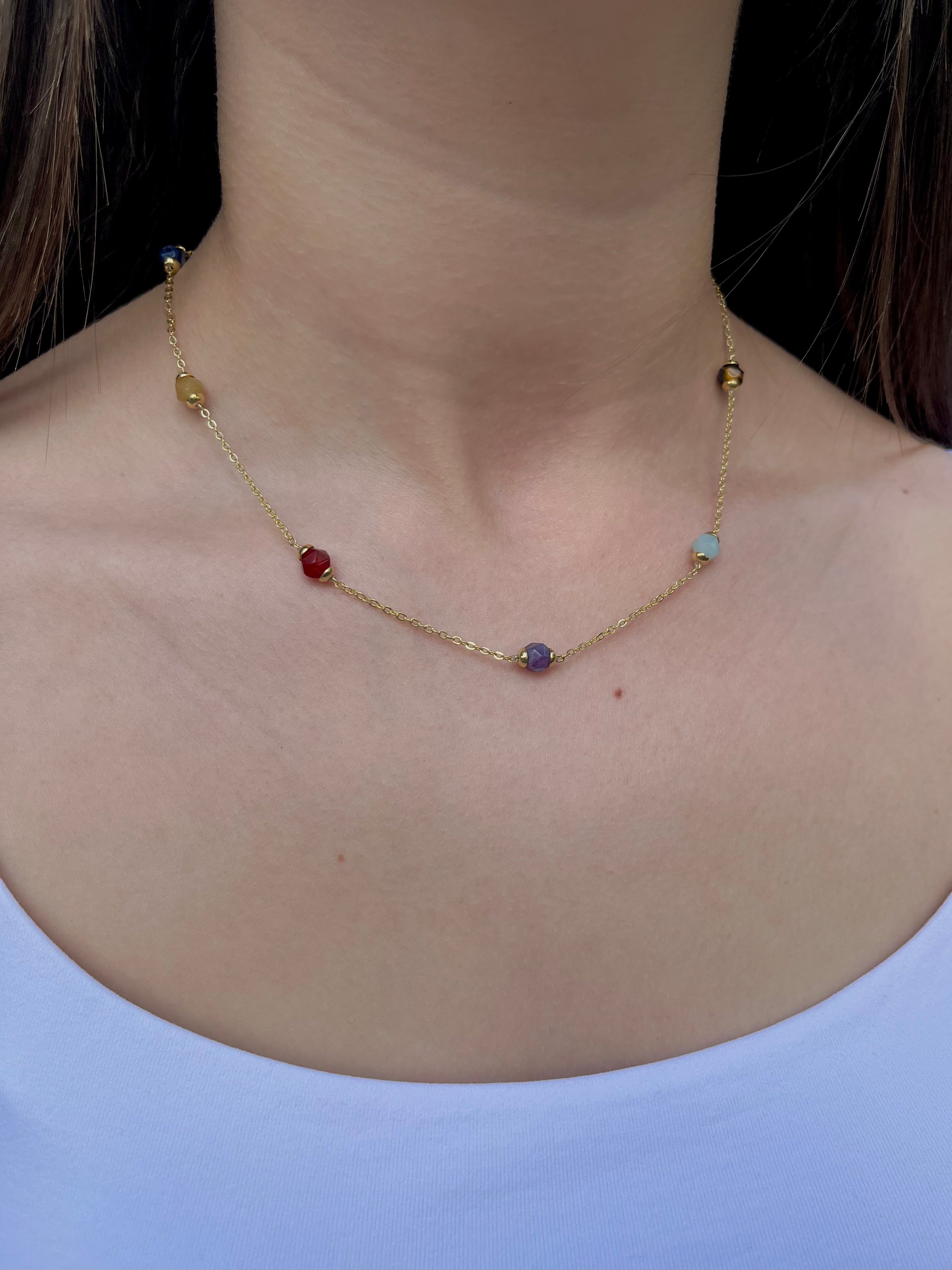 Chakra natural gemstone Necklace: tiger eye, quartz, amethyst, agate, amazonite, sodalite
