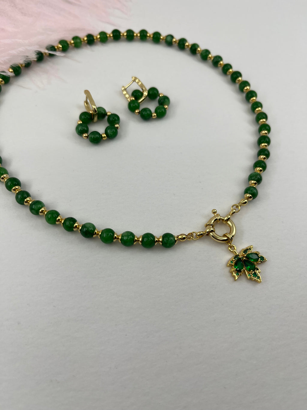 Natural Malaysia Jade Necklace with 18K Gold maple leaf pendant