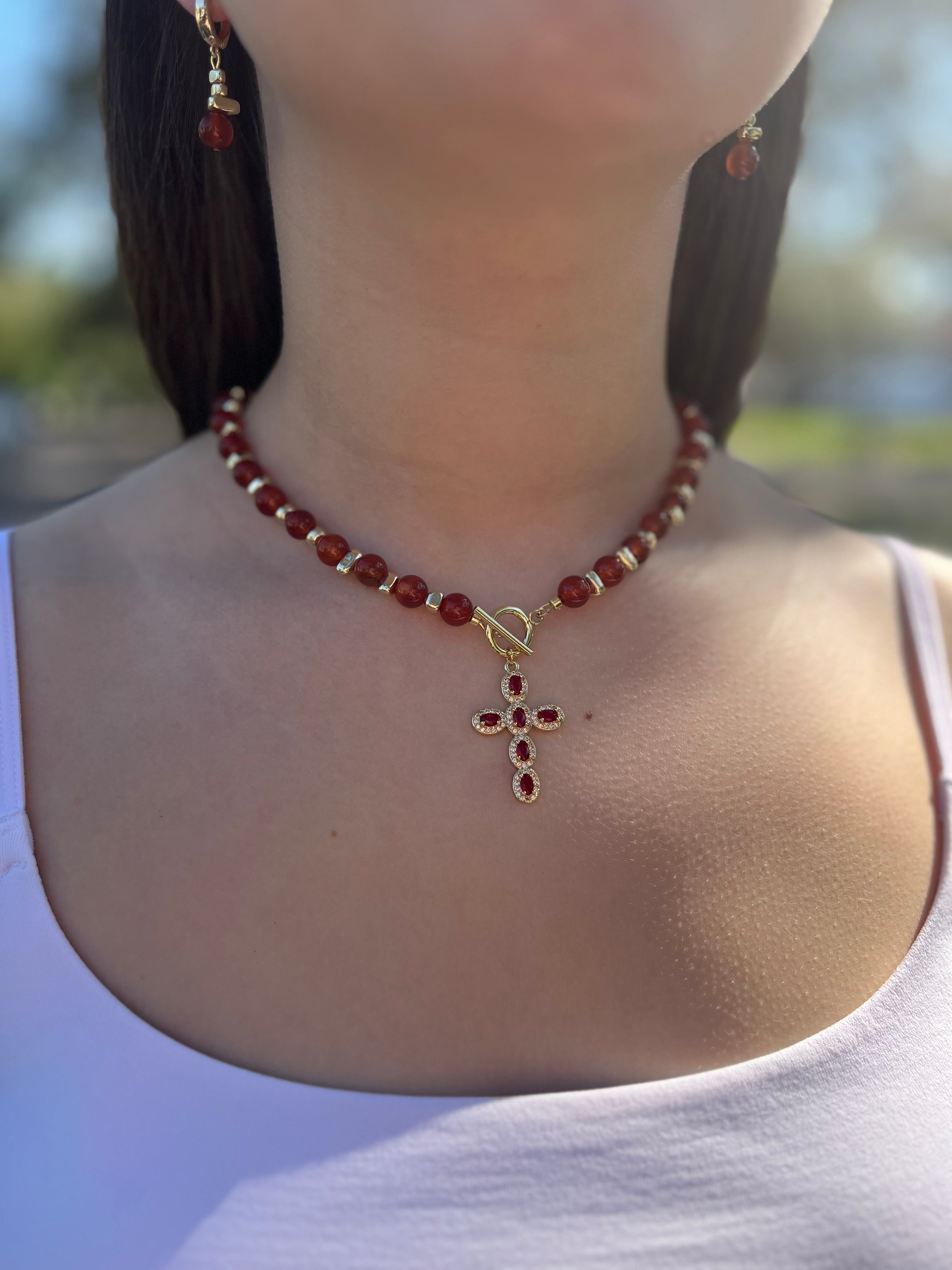 Set: Natural Carnelian Necklace with 18K Gold Cross and earrings
