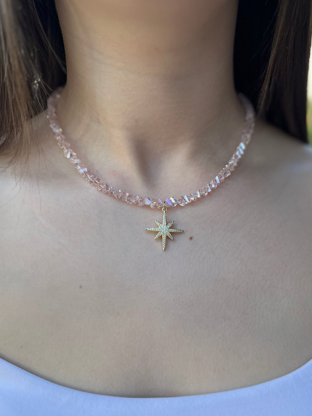Crystal Glass Bead Choker: 18K Gold Star Pendant