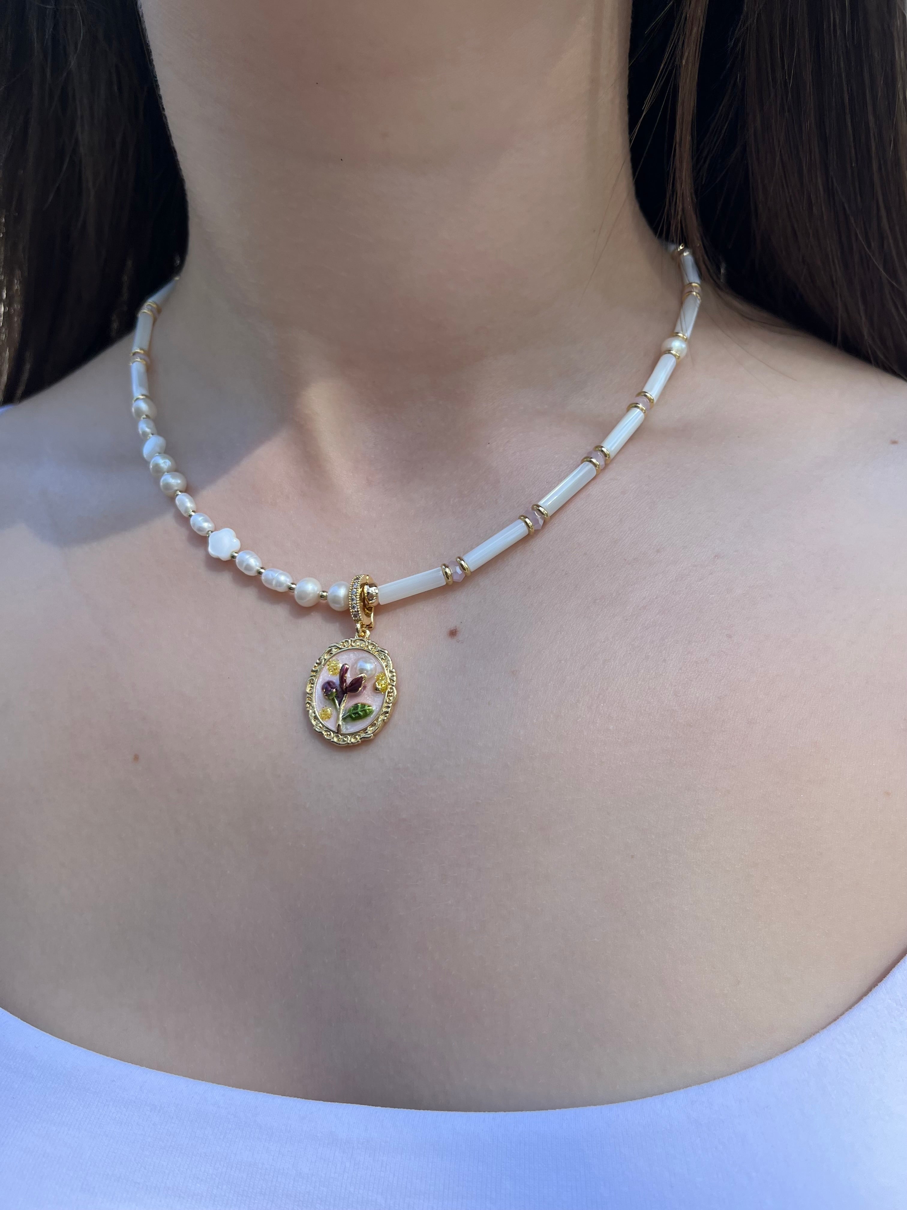 Natural Pearl and Trochus Shell Pendant Necklace, 18K Gold-Plated