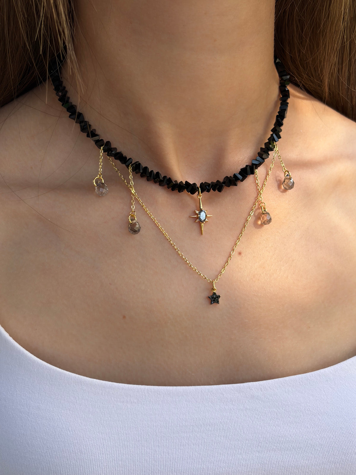 Black Crystal Star Necklace, 18K Gold Plated