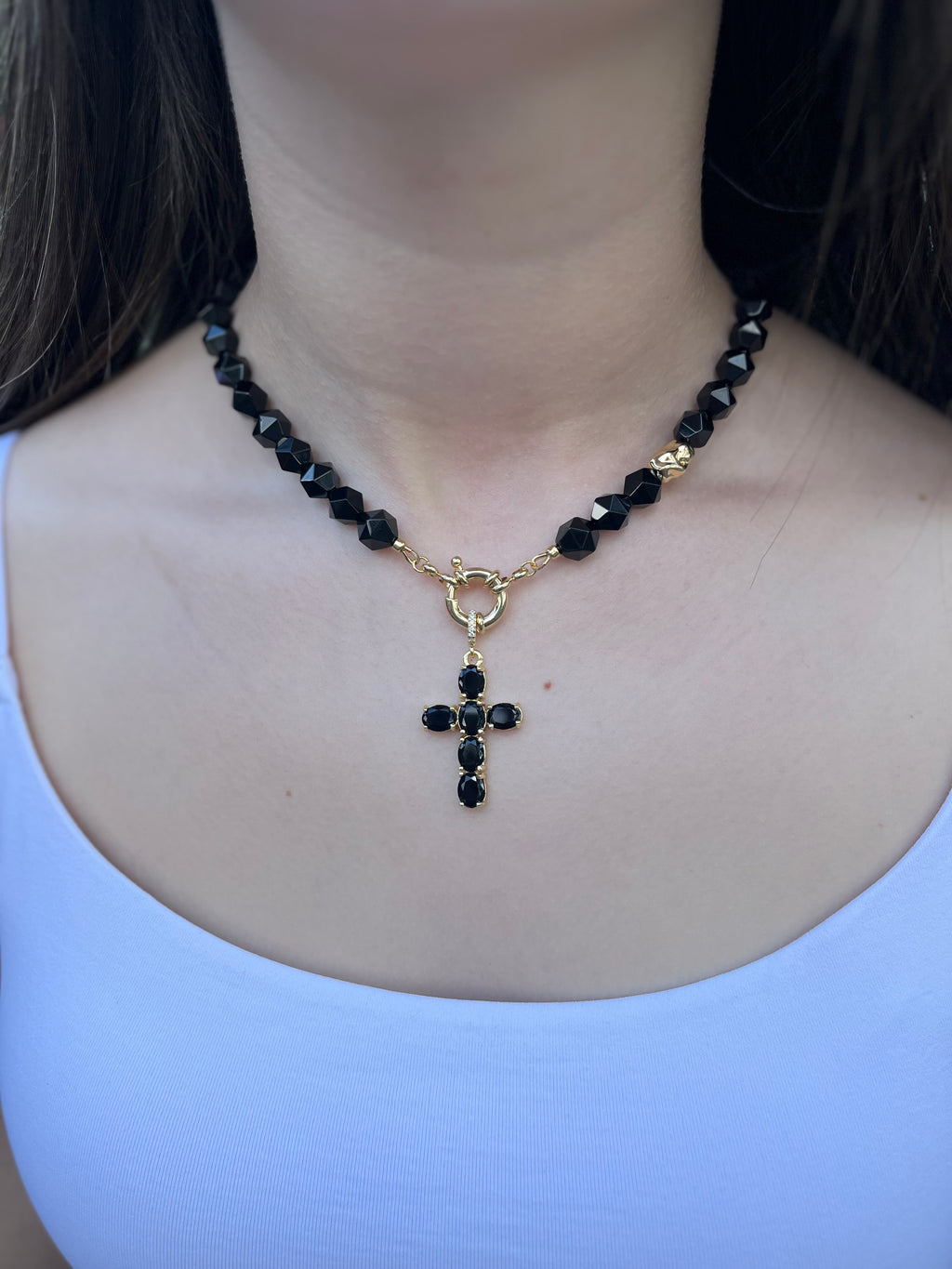 Natural Black Onyx Necklace with Gold Zirconia Cross