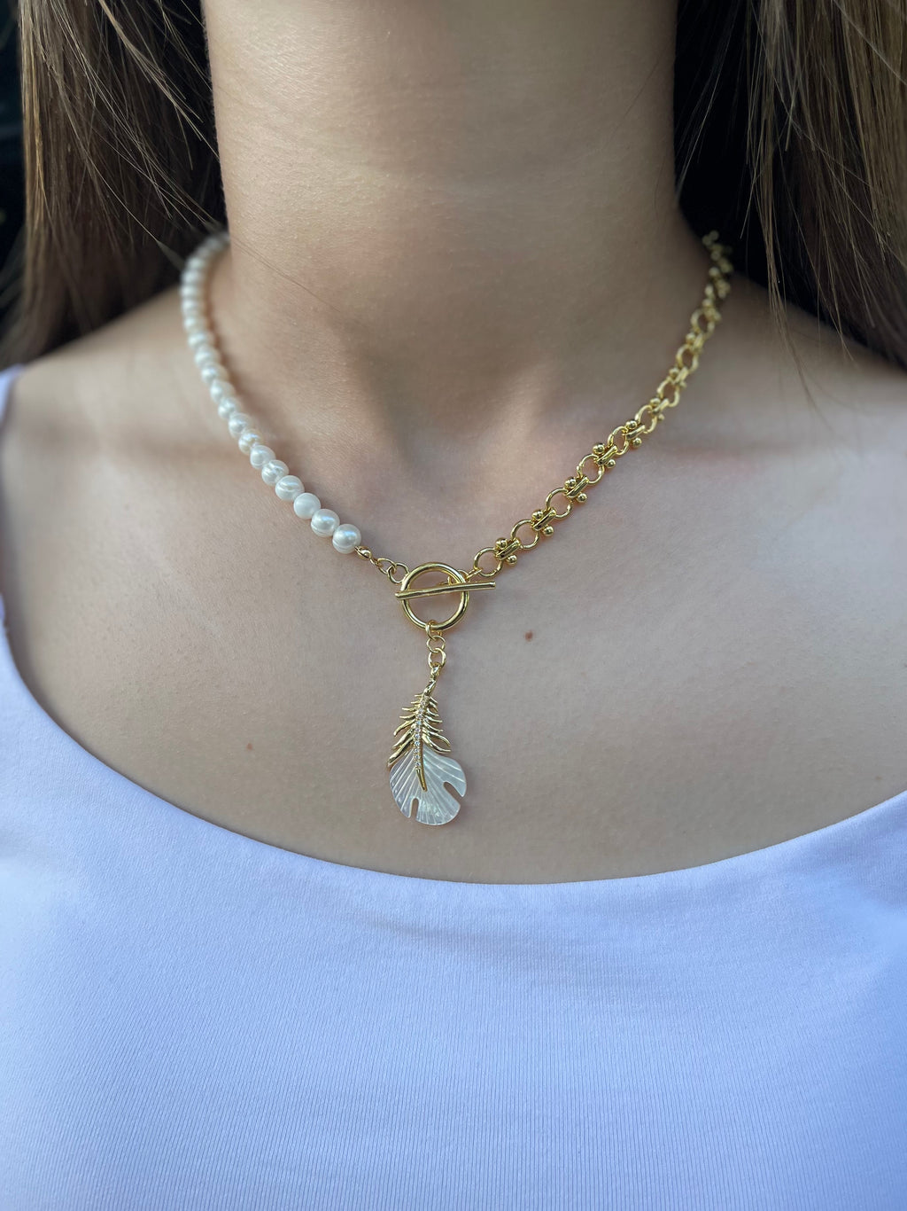 Asymmetrical Pearl Necklace with Feather Pendant, 18K Gold Plated Chain