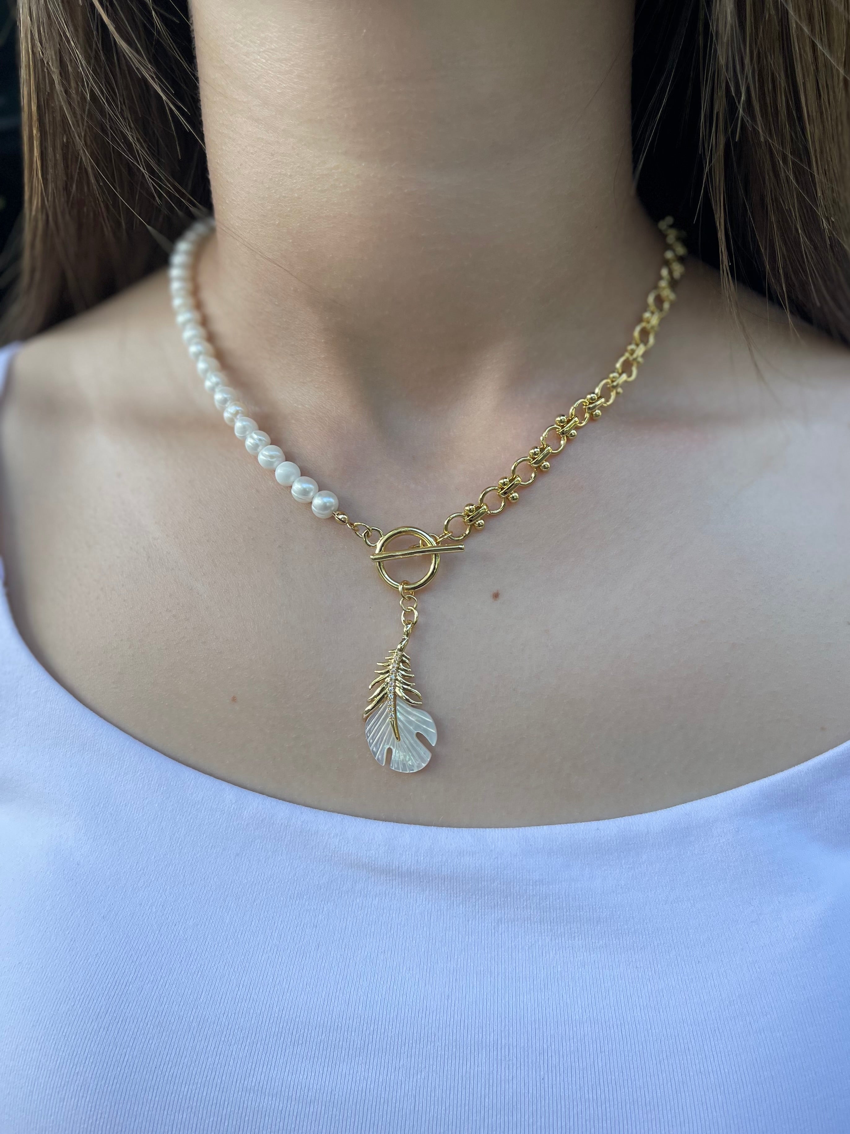 Asymmetrical Pearl Necklace with Feather Pendant, 18K Gold Plated Chain