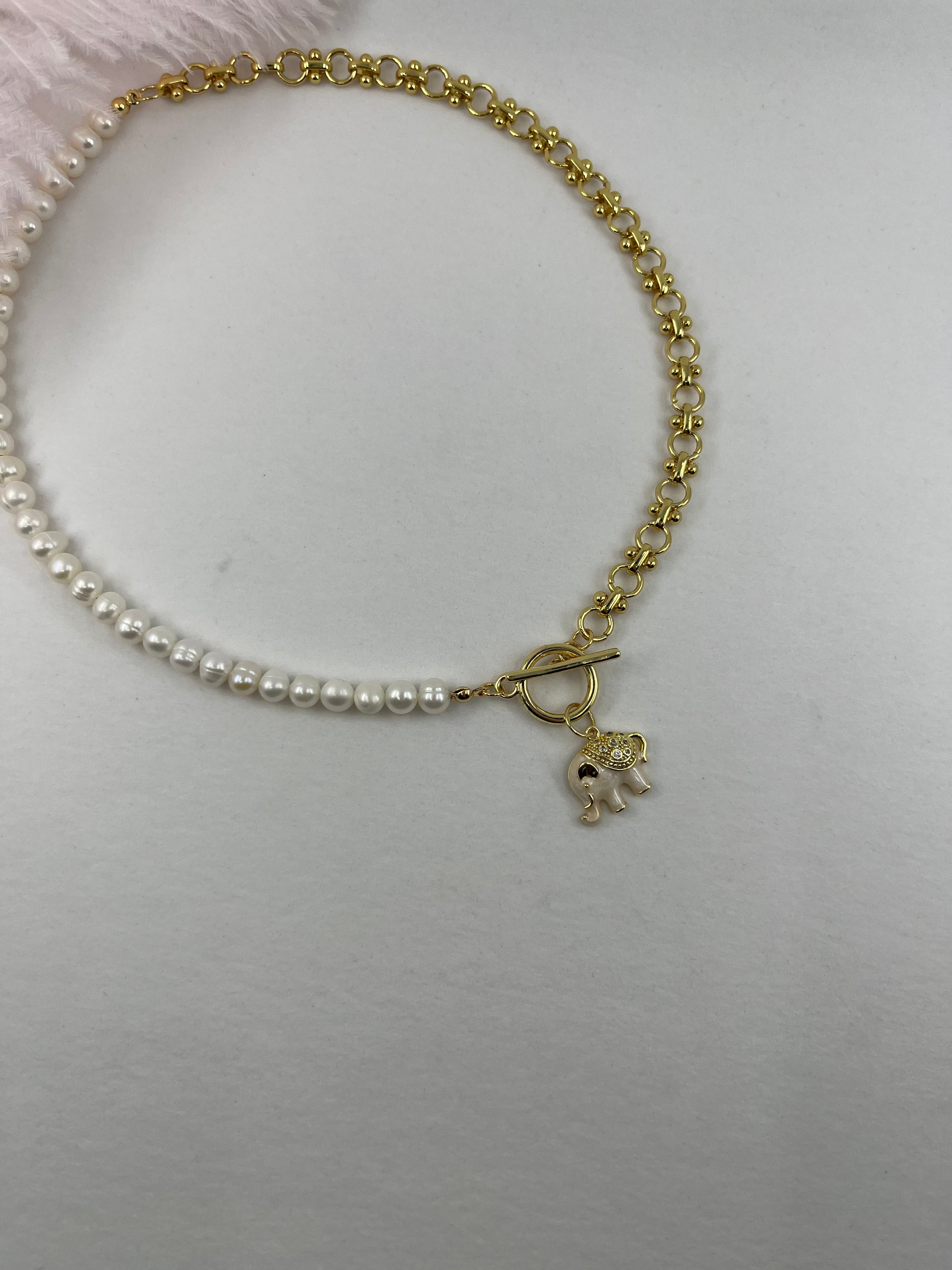 Asymmetrical Pearl Necklace with Elephant Pendant, 18K Gold Plated Chain
