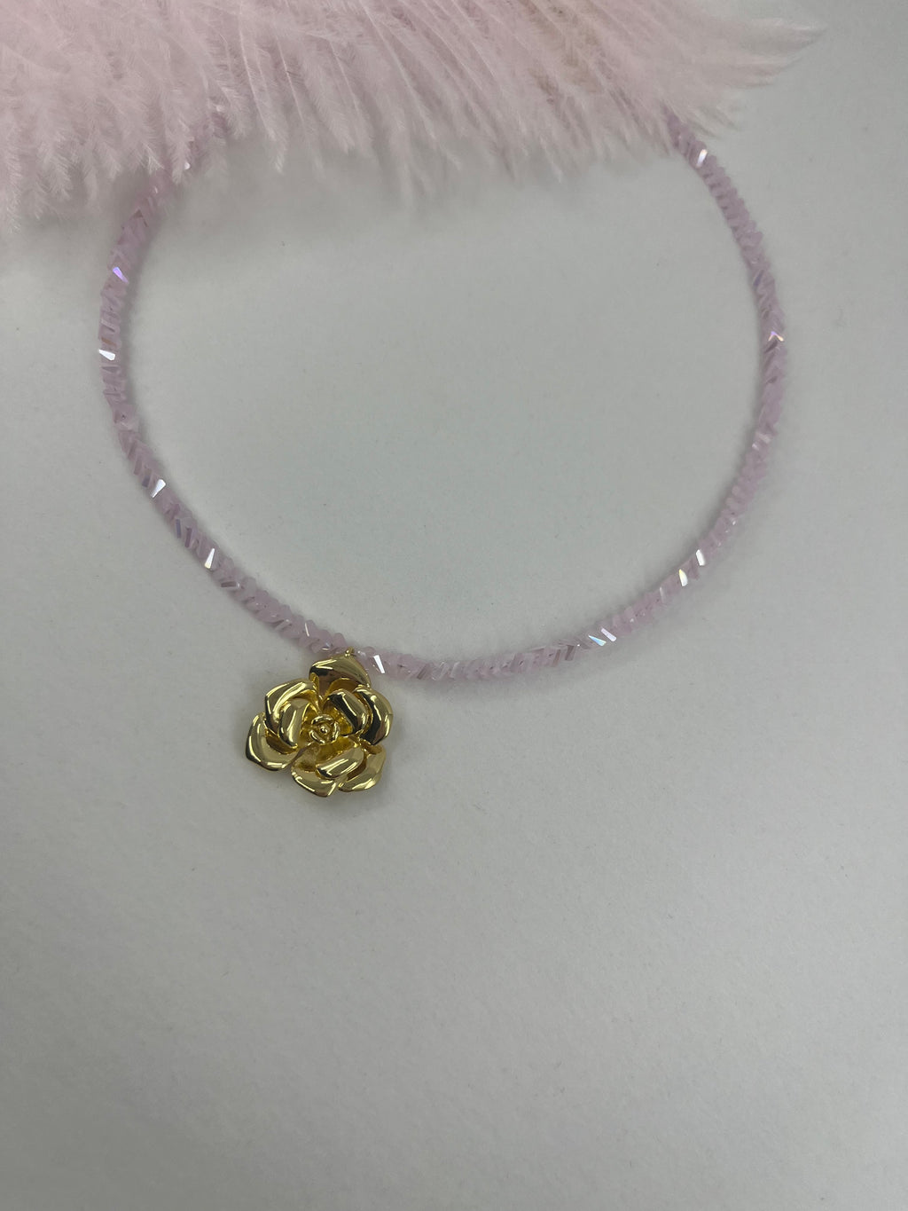 Crystal Pink Glass Bead Choker: 18K Gold Rose Pendant