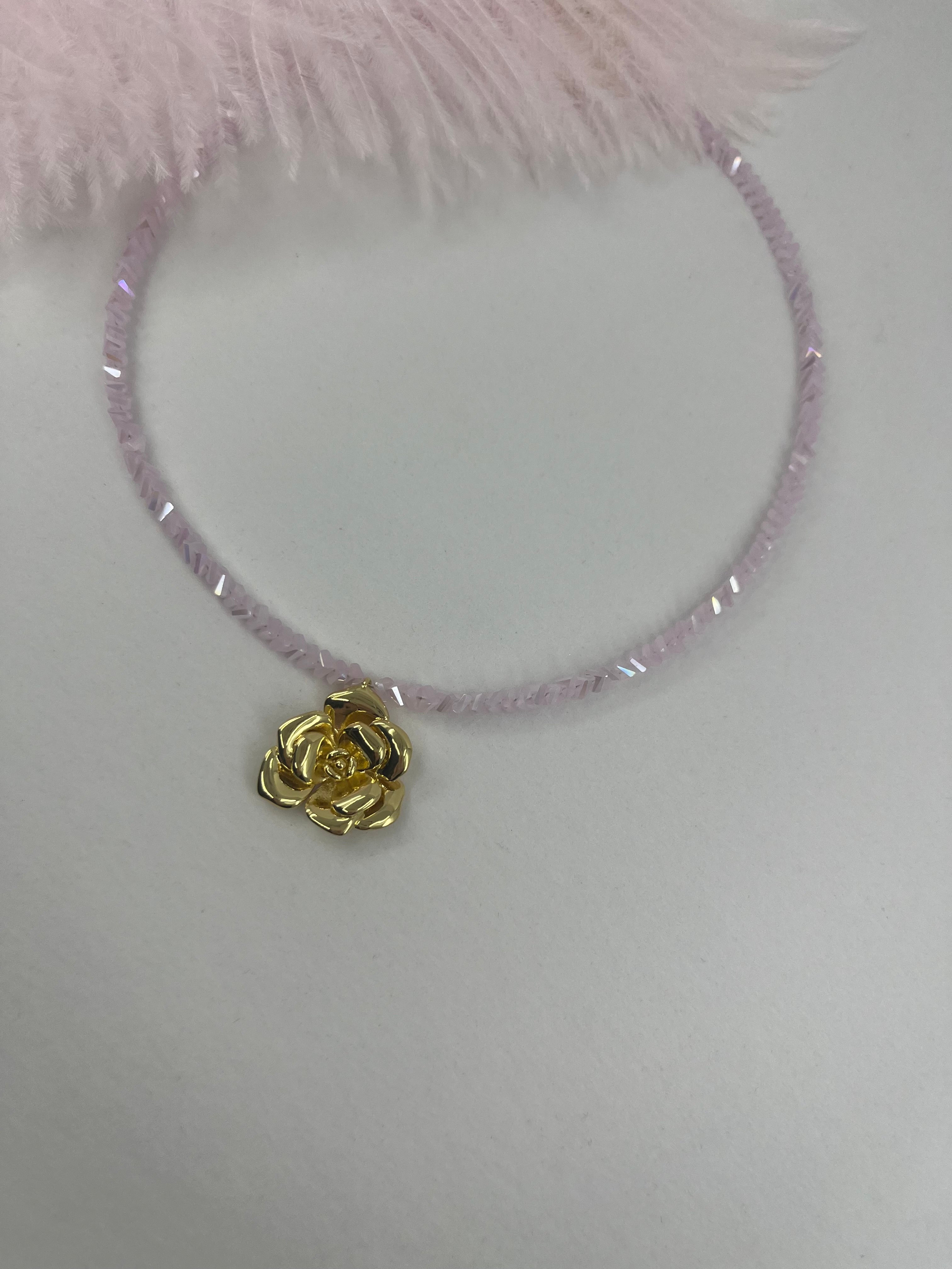 Crystal Pink Glass Bead Choker: 18K Gold Rose Pendant