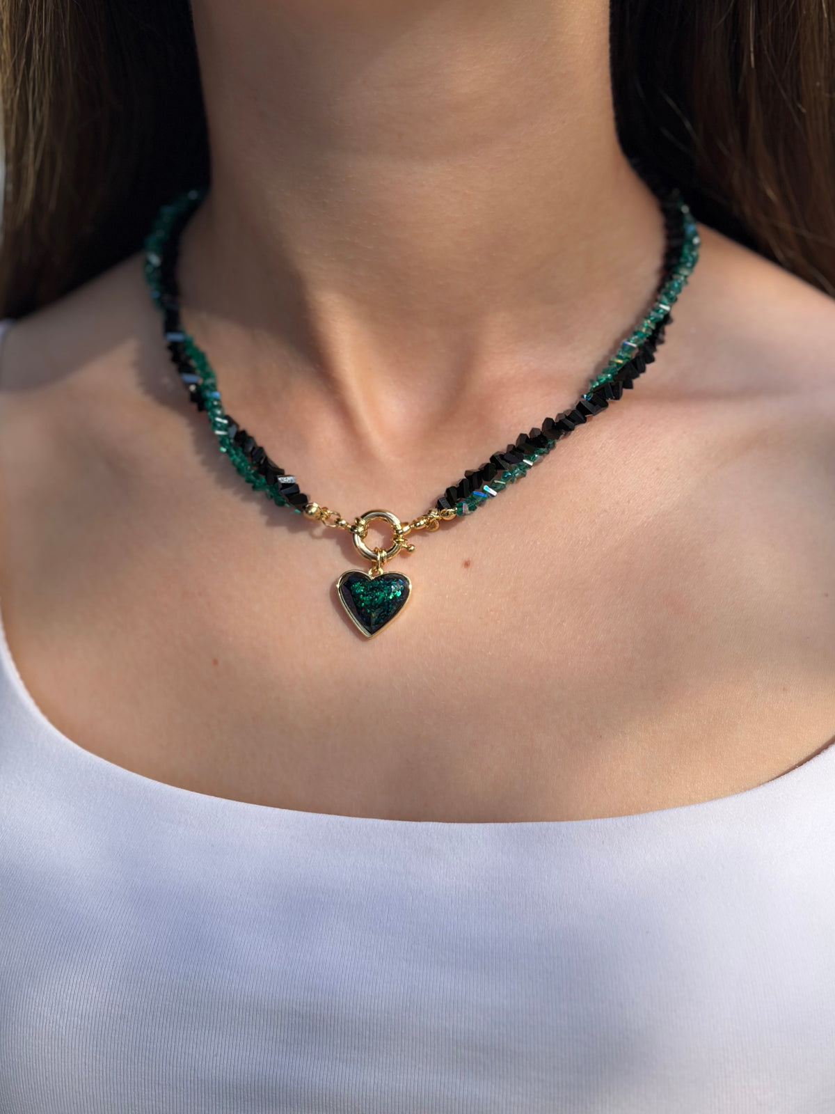 Layered Heart Black and Green Crystal Necklace