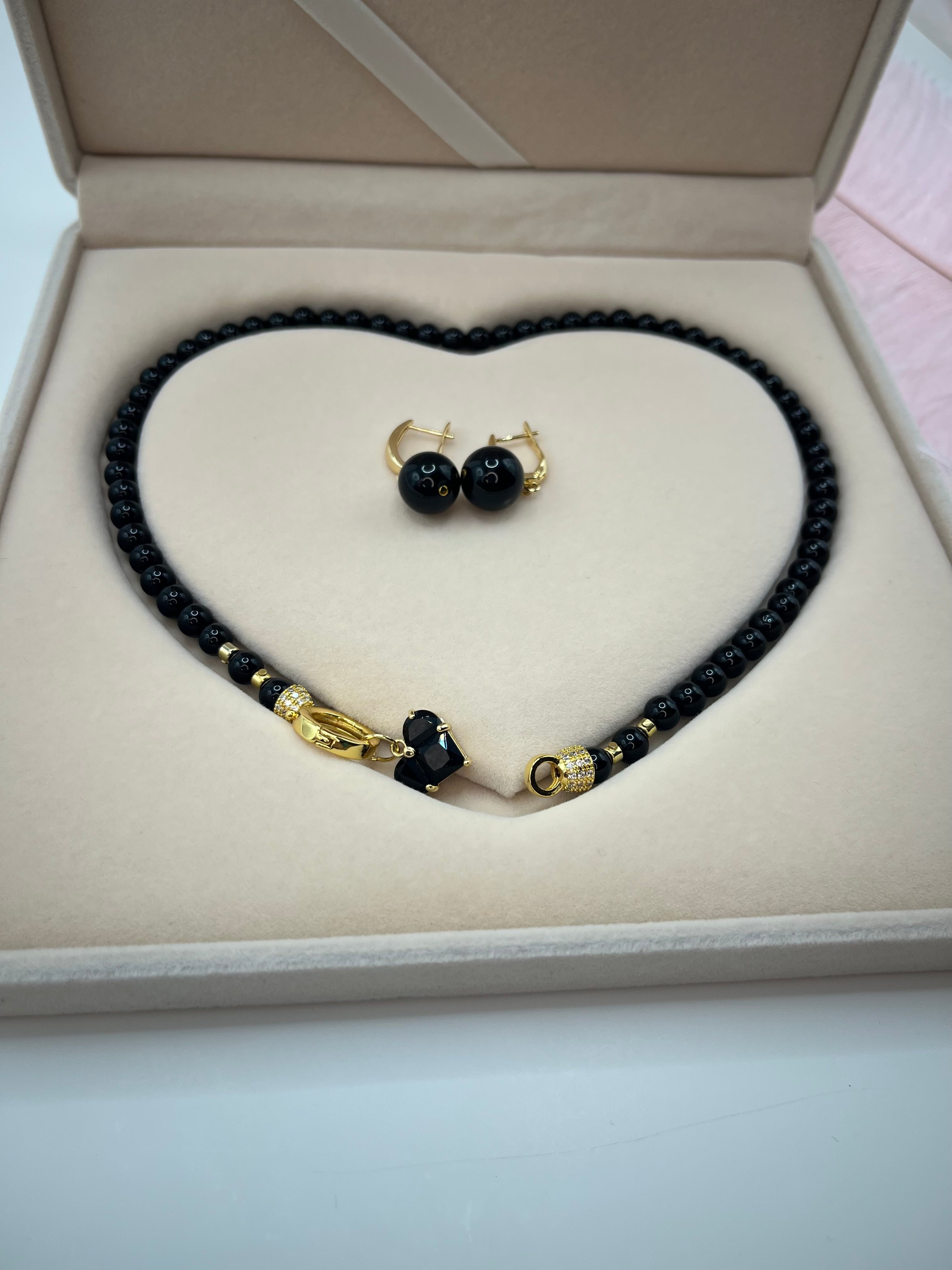 Black Onyx Necklace and Earrings Set – 18K Gold Plated Heart Charm