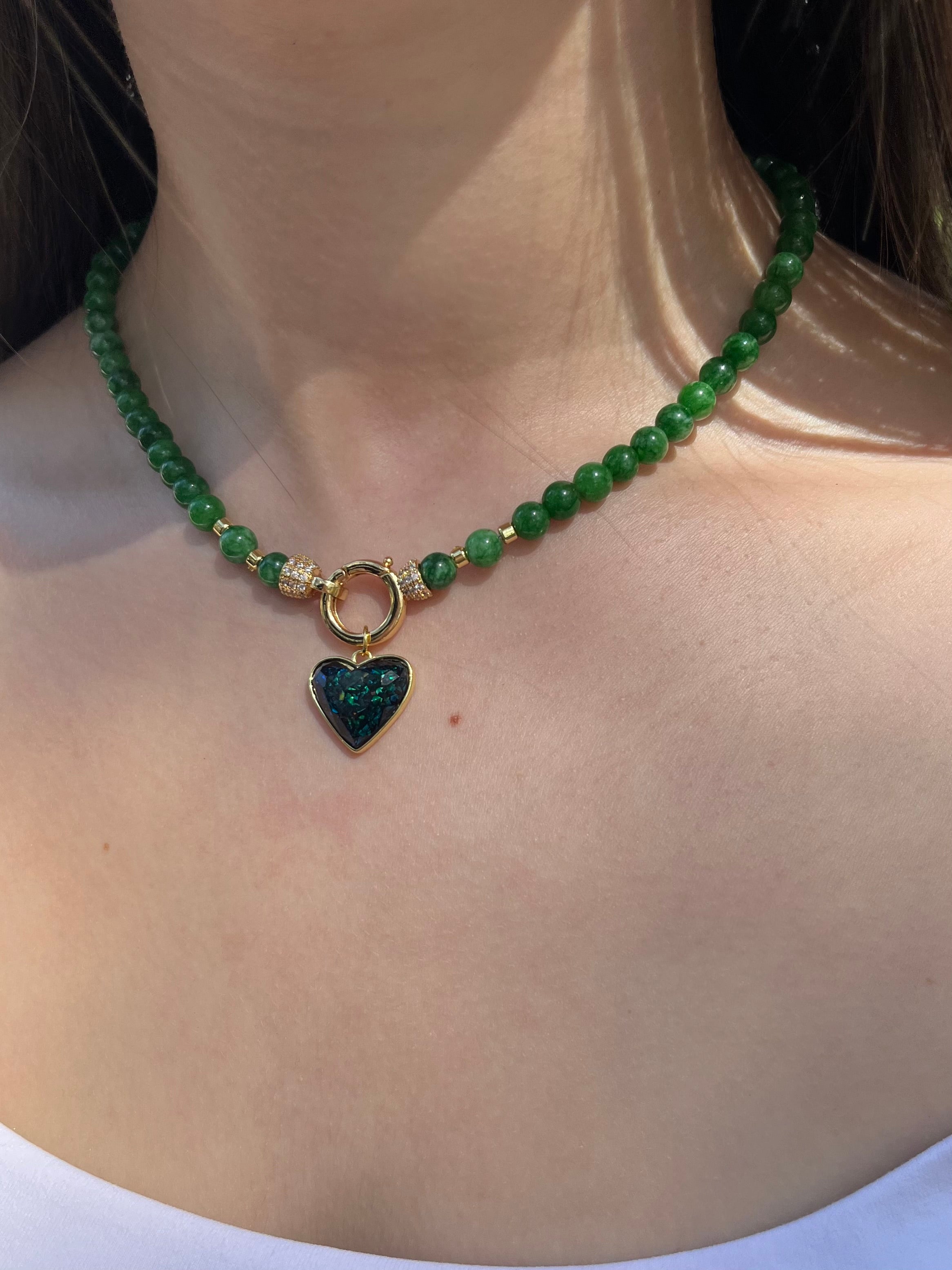 Natural Green Jade Necklace with Heart Pendant