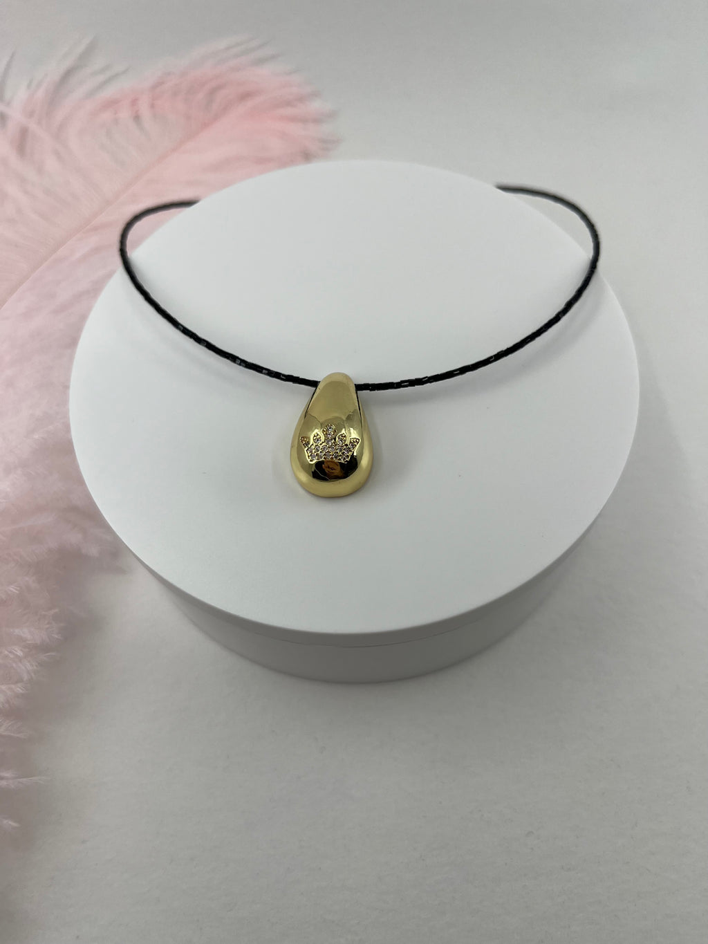 Black beaded choker with gold teardrop crown pendants: 18K Gold Plated