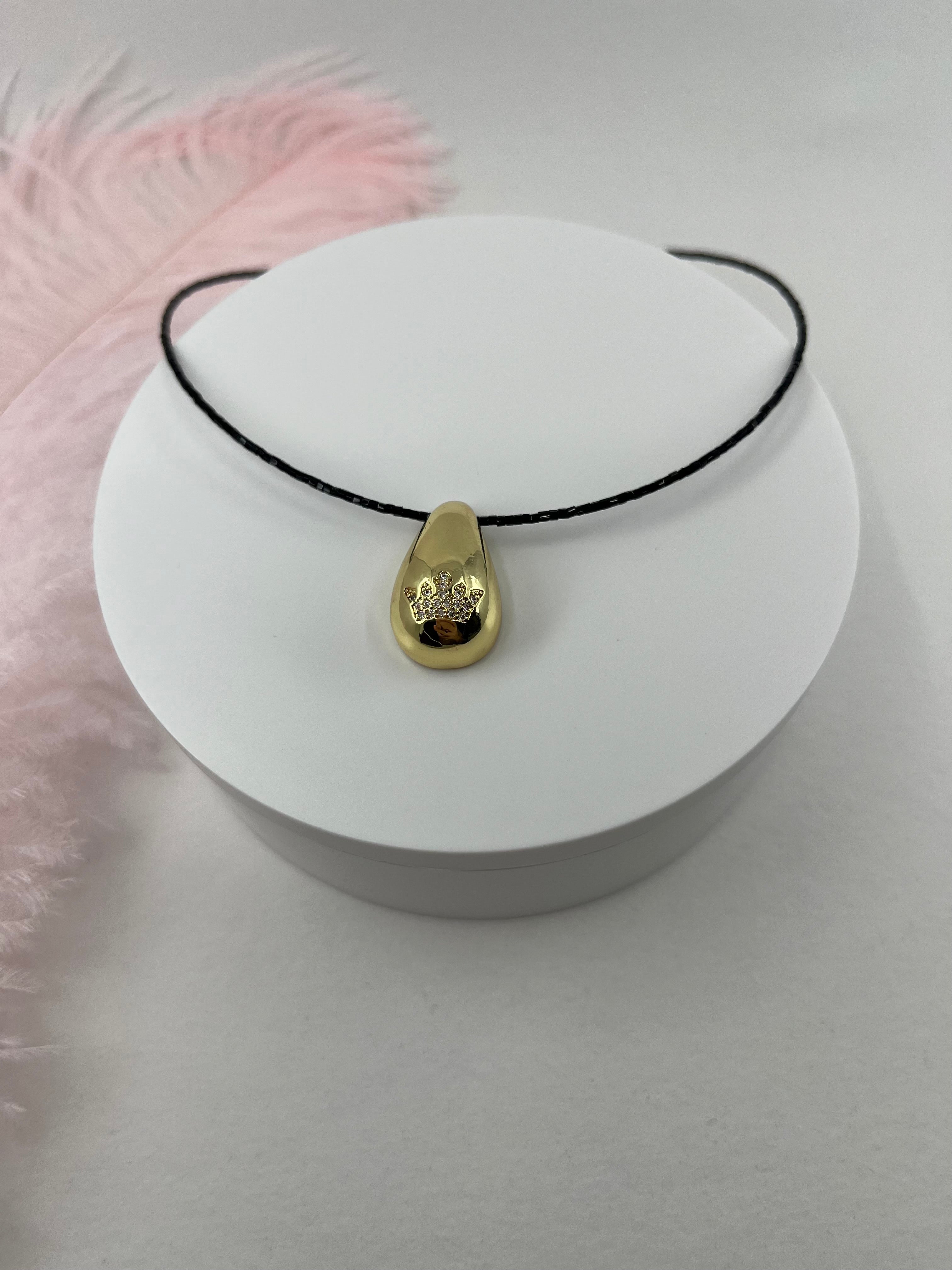 Black beaded choker with gold teardrop crown pendants: 18K Gold Plated