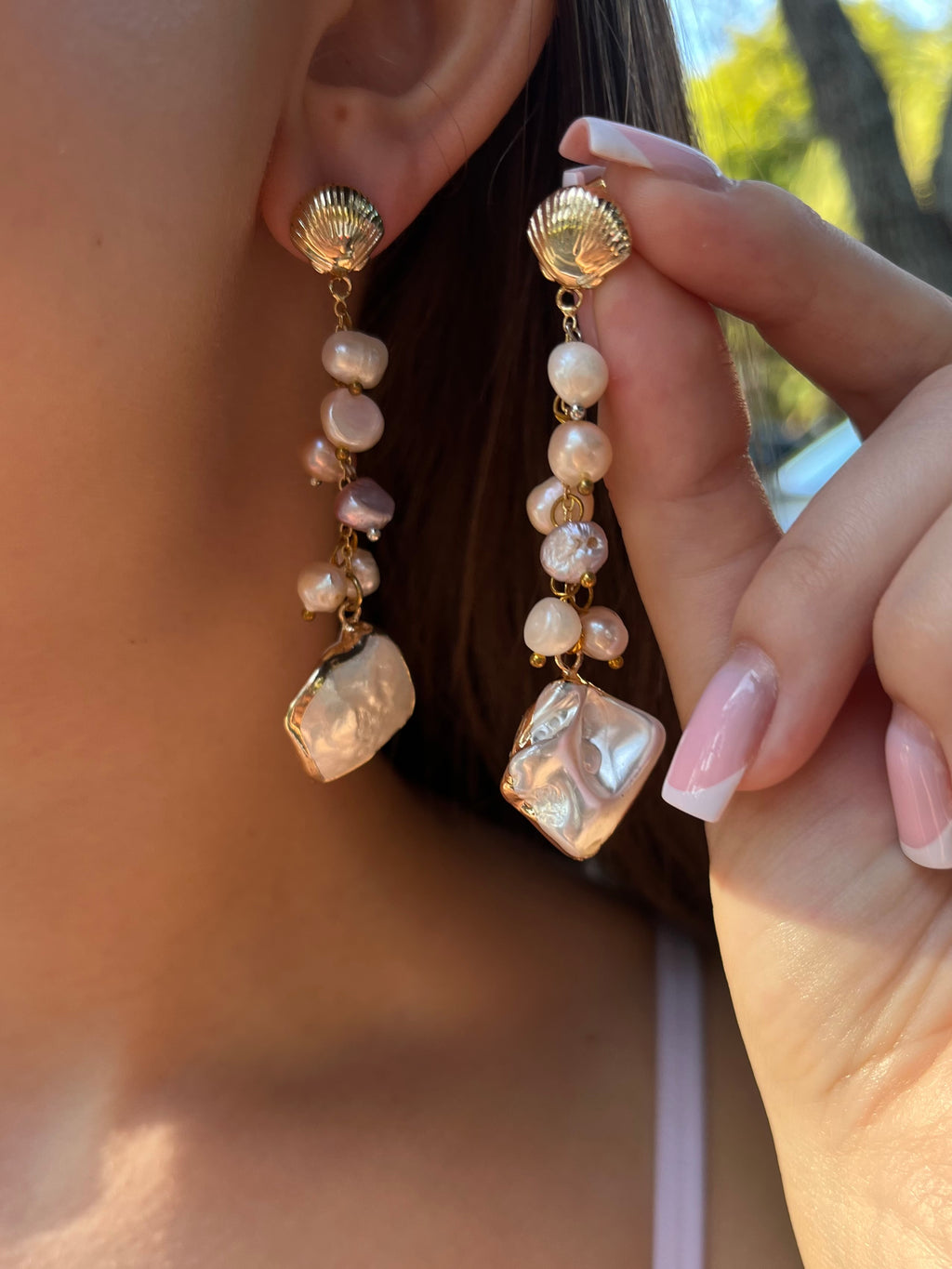 Long Natural Pearl Drop Earrings with baroque shell pendant