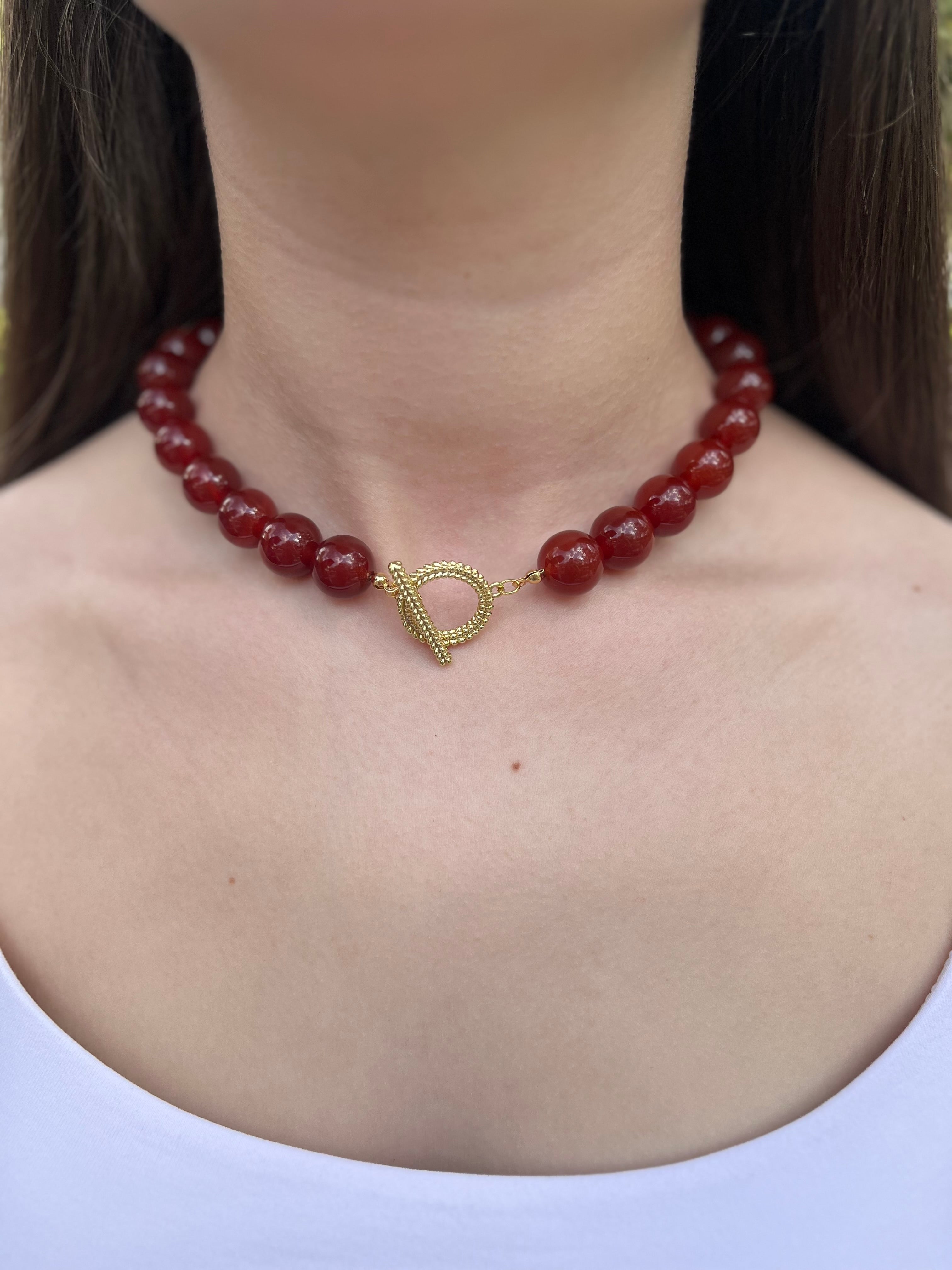 Natural Carnelian Necklace, 18K Gold Plated Clasp
