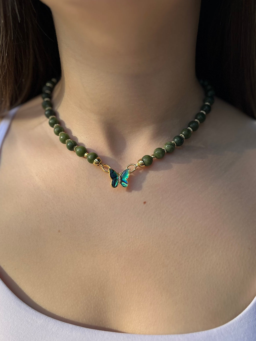 Natural Taiwan Jade Necklace with 18K Gold Butterfly Clasp