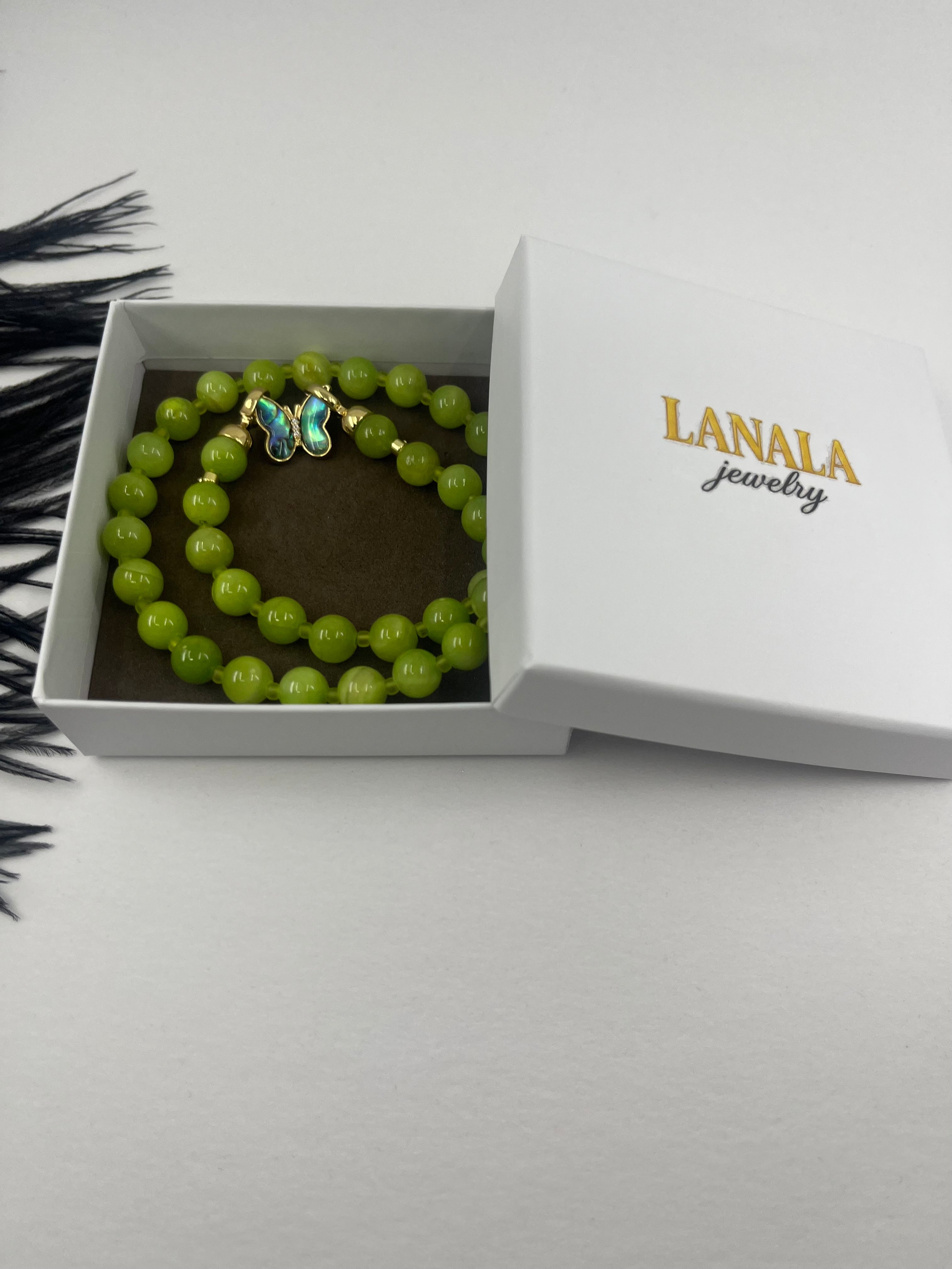 Natural Light Green Jade Necklace with 18K Gold Butterfly Clasp