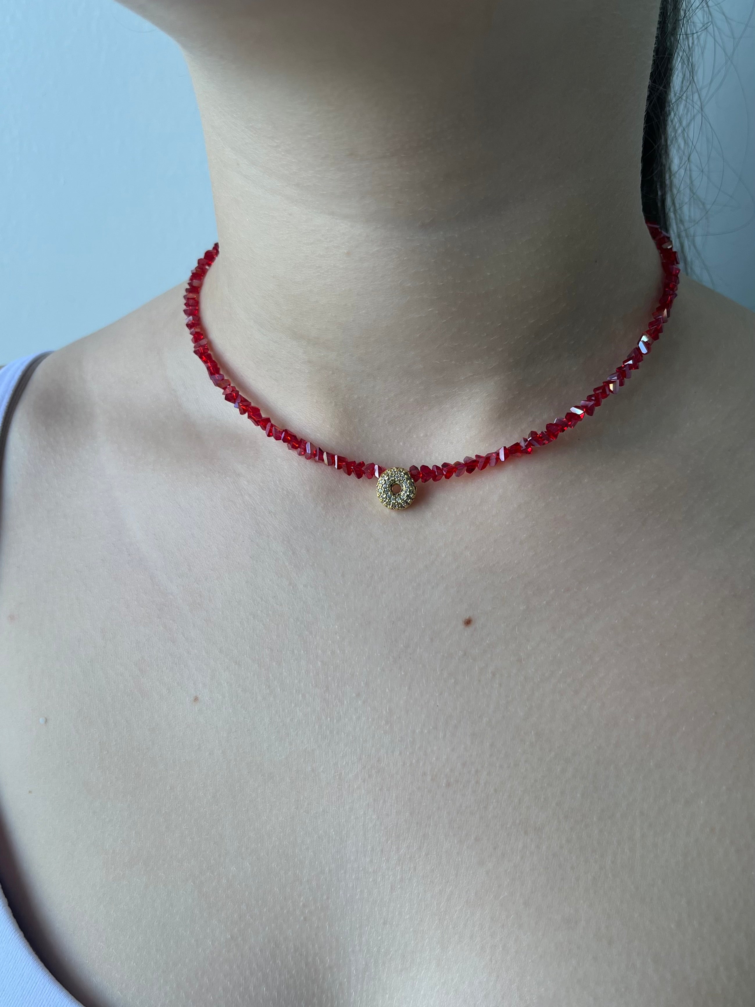Initial Charm Red Crystal Necklace – 18K Gold Plated, Cubic Zirconia