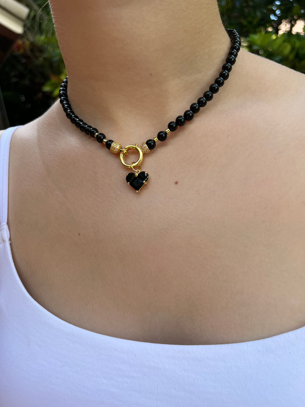 Black Onyx Necklace and Earrings Set – 18K Gold Plated Heart Charm