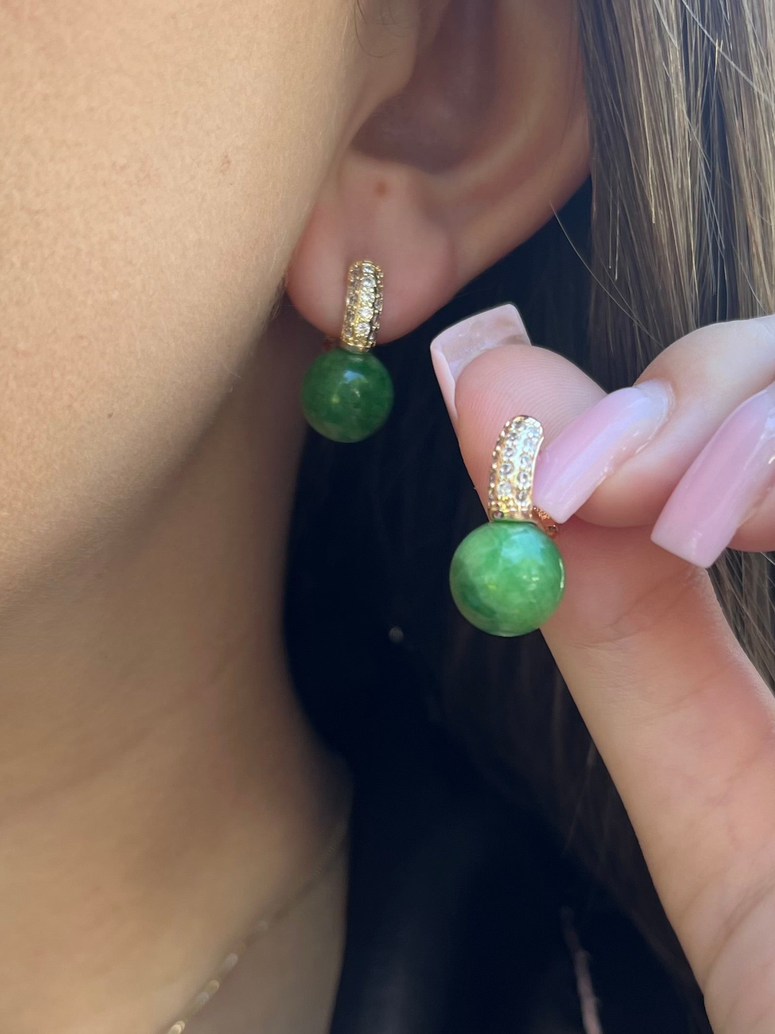 Natural Green Jade Gold Zirconia Earrings
