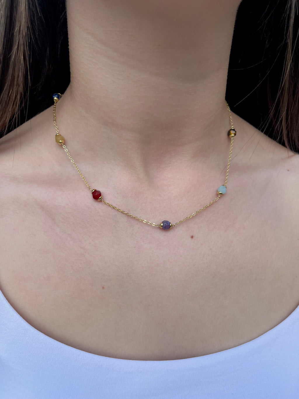 Chakra natural gemstone Necklace: tiger eye, quartz, amethyst, agate, amazonite, sodalite