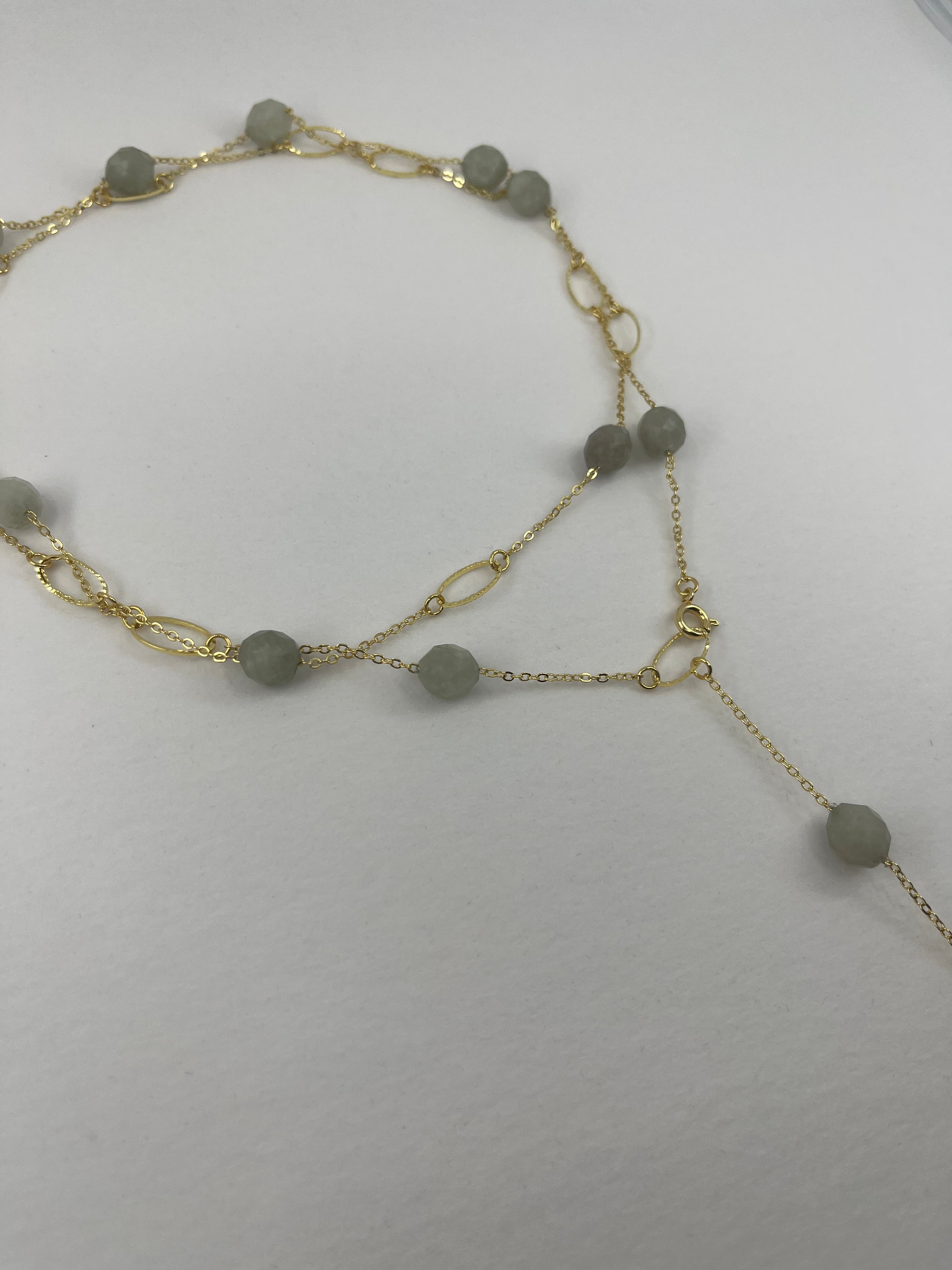 Layered Long Natural Malaysia Jade Necklace with 18K Gold chain