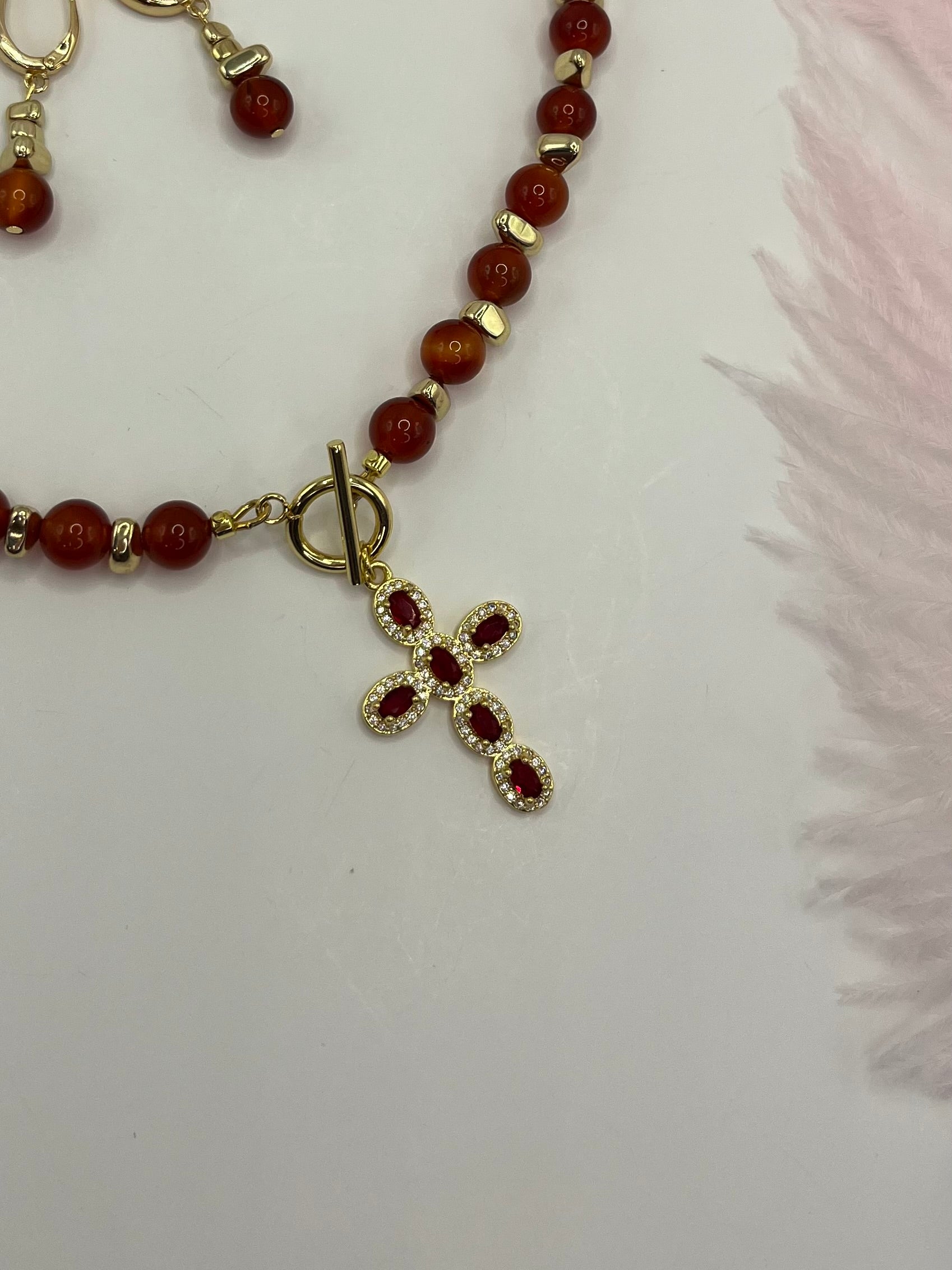 Set: Natural Carnelian Necklace with 18K Gold Cross and earrings