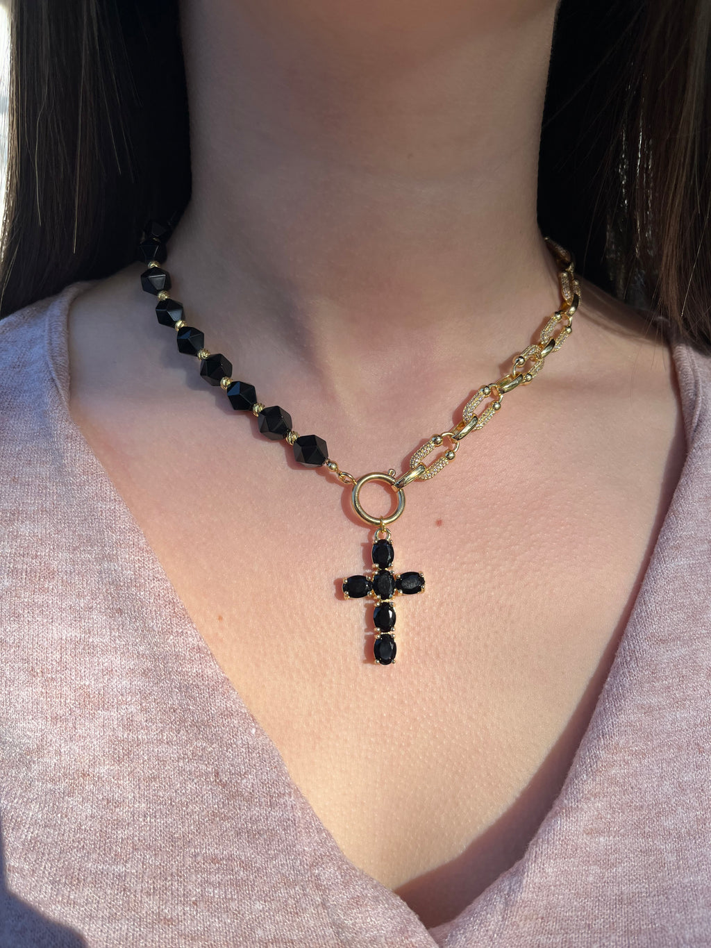Asymmetrical Black Onyx Necklace– Cross 18K Gold Plated