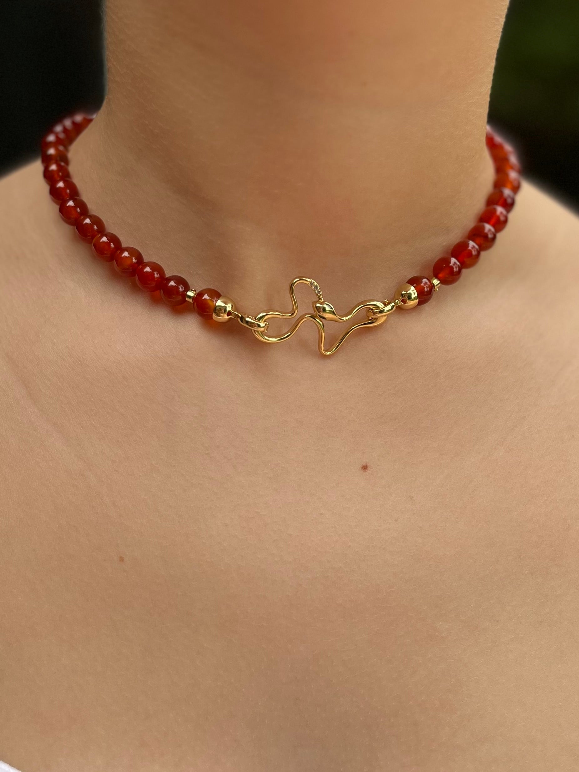 Natural Carnelian Necklace with 18K Gold Snake Clasp