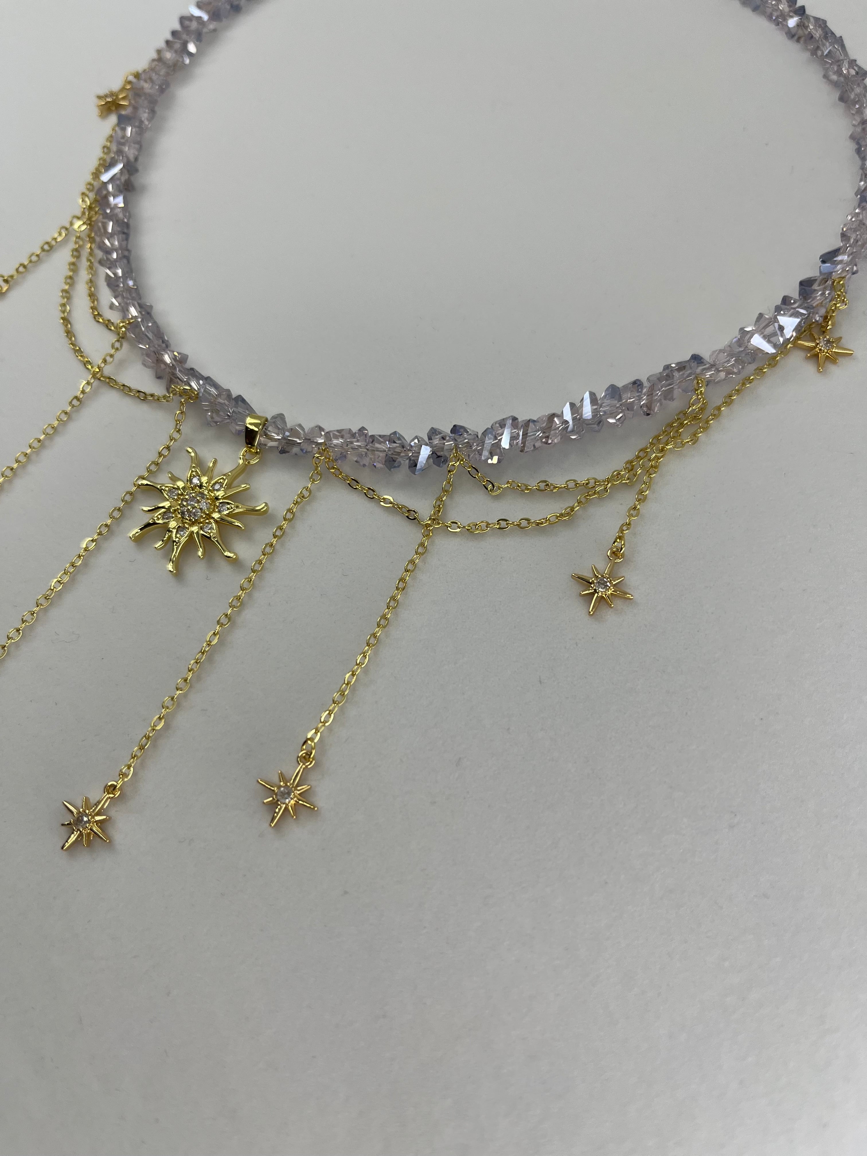 Handmade Crystal Sun & Star Necklace, 18K Gold Plated