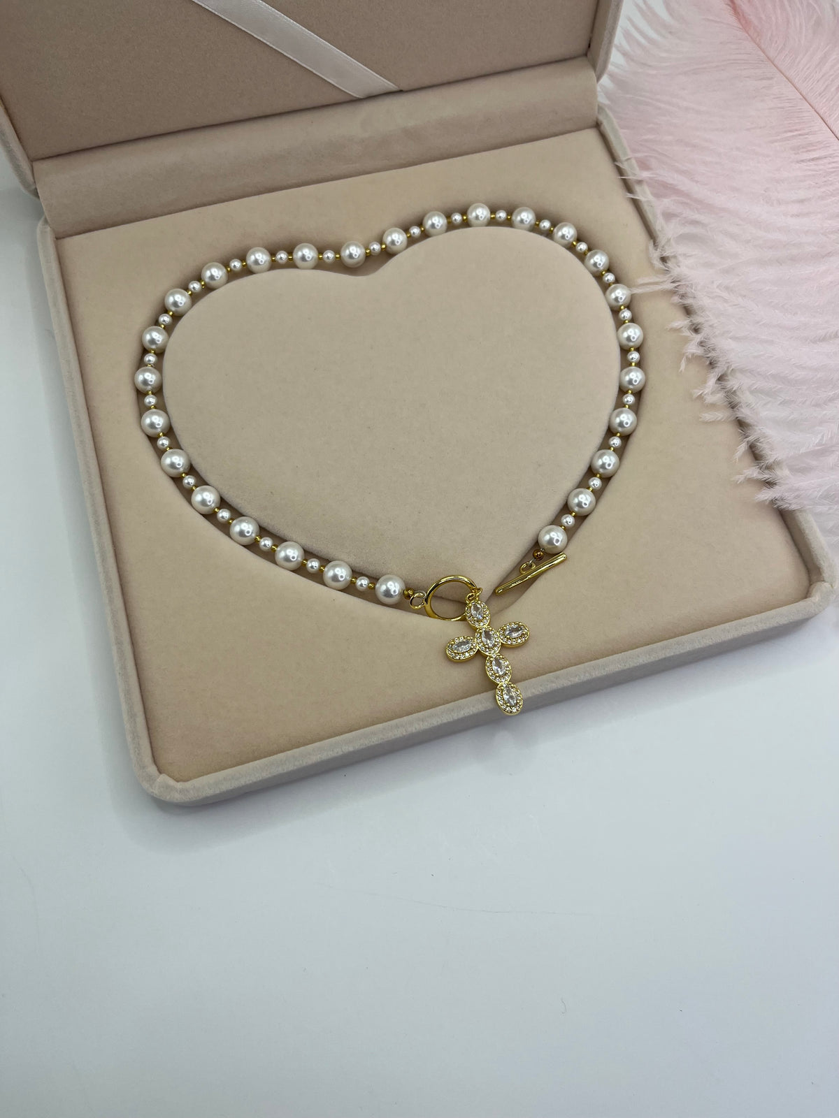 Shell Pearl Choker Necklace with Cross pendant: 18K Gold Plated