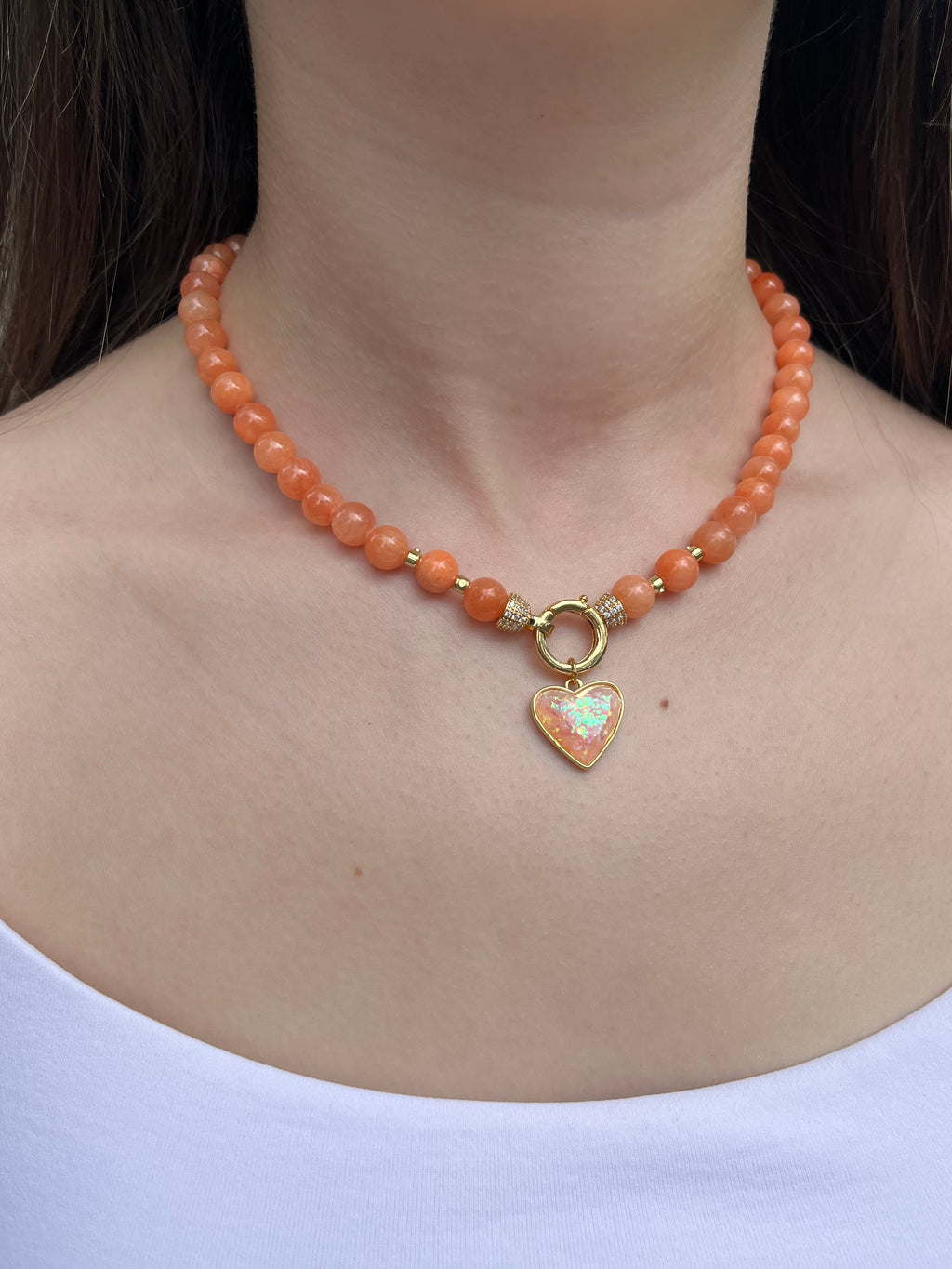 Natural Coral Jade Necklace with Heart Pendant