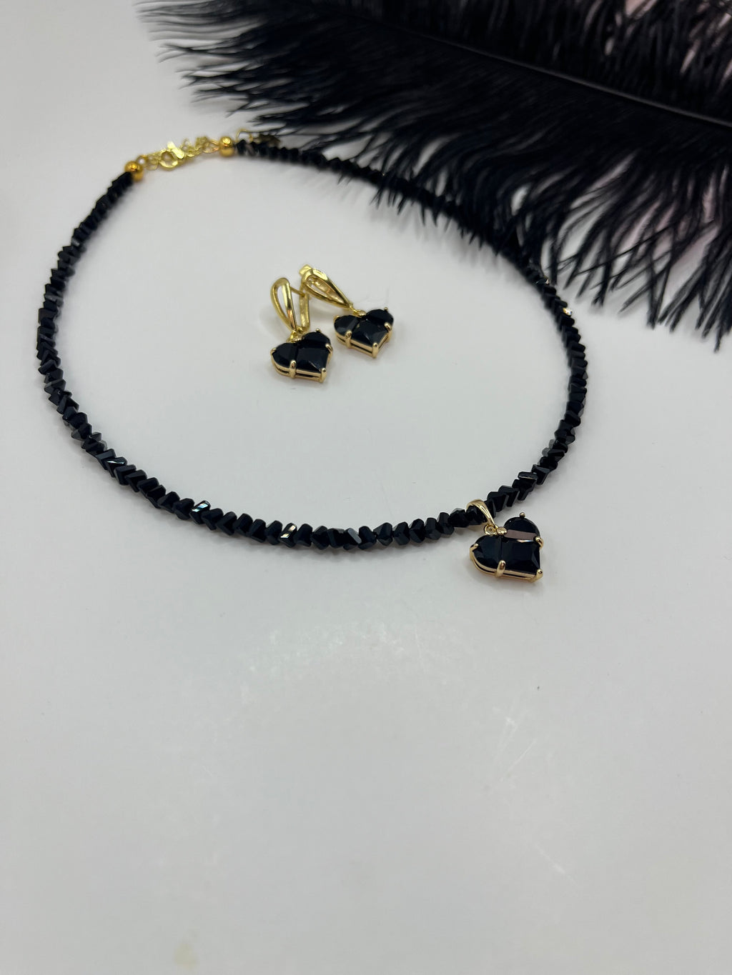 Set: Heart Black Crystal Choker Necklace and Earrings – 18K Gold Plated, Cubic Zirconia, Nickel Free
