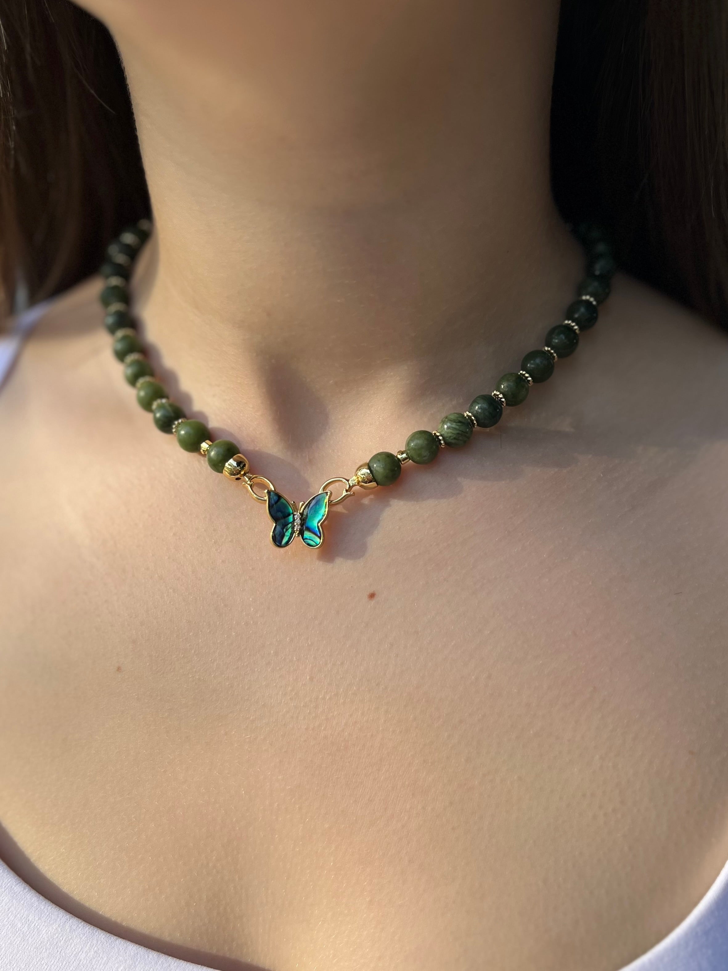 Natural Taiwan Jade Necklace with 18K Gold Butterfly Clasp