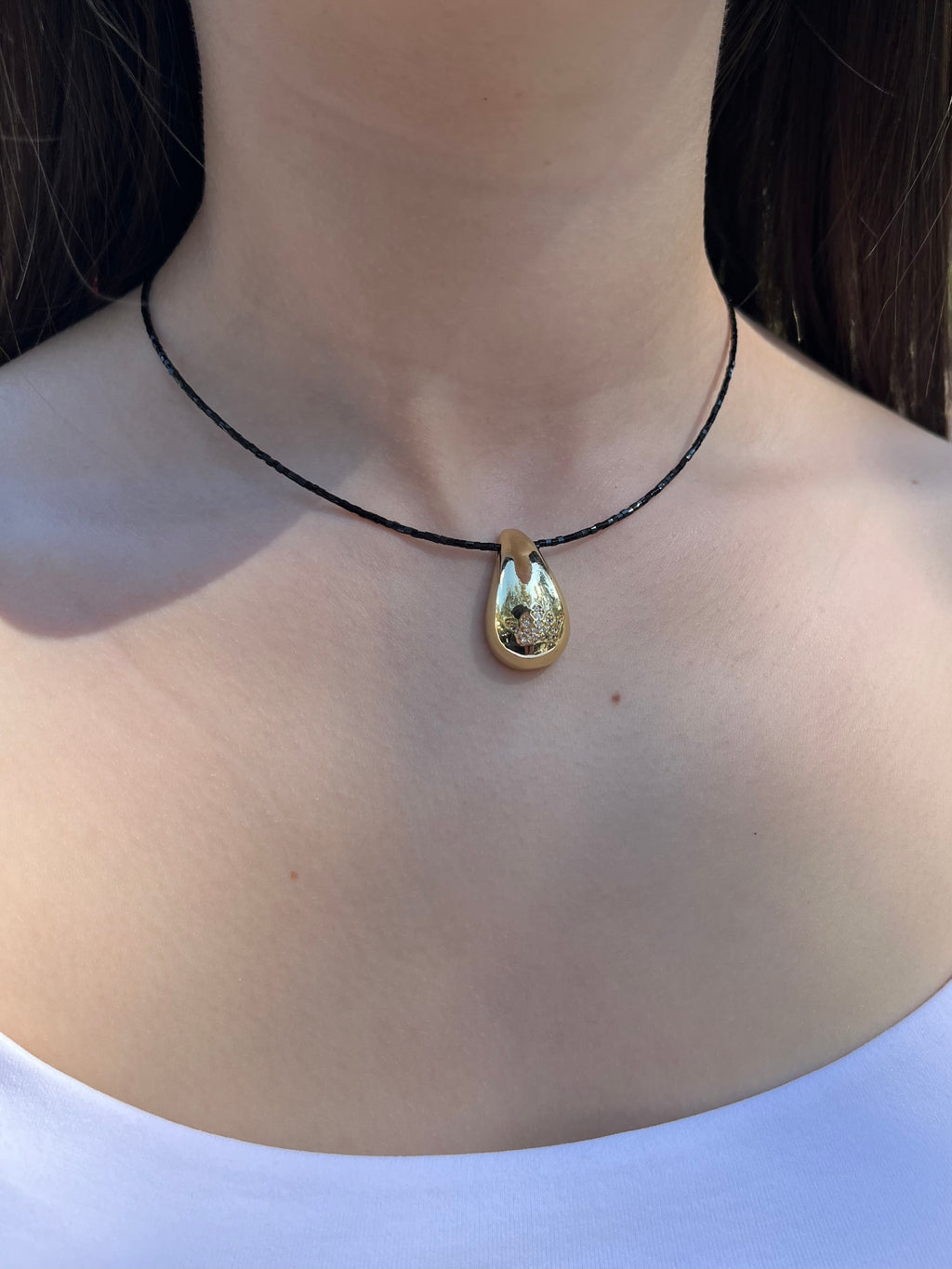 Black beaded choker with gold teardrop crown pendants: 18K Gold Plated