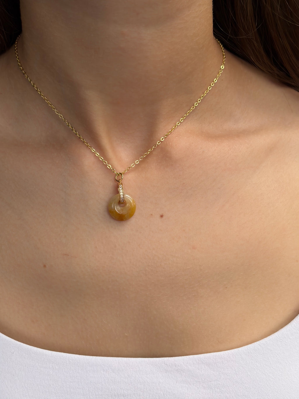 Yellow Jade Donut Earrings and Necklace, 18K Gold Plated