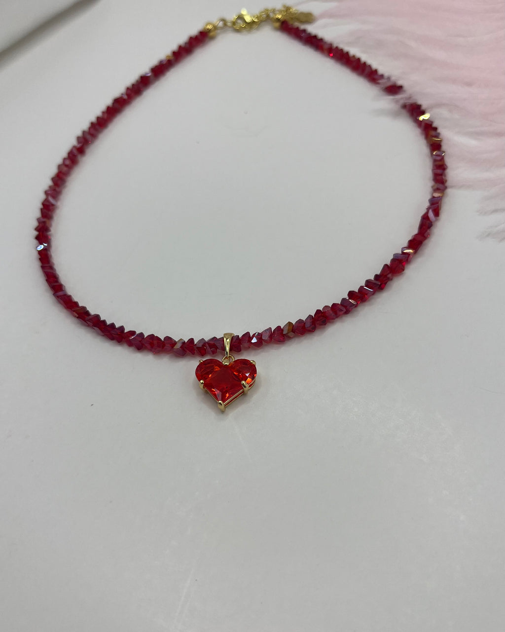 Crystal Red Glass Bead Choker: 18K Gold Heart Pendant