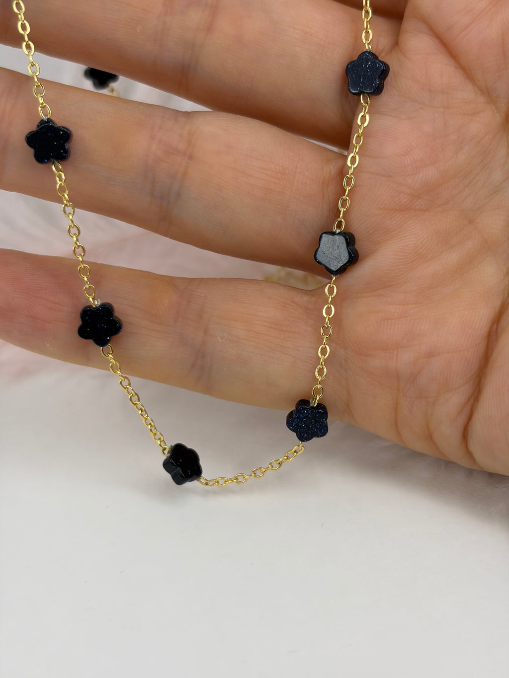 Black Blue Goldstone Flower Necklace: 18K Gold Plated