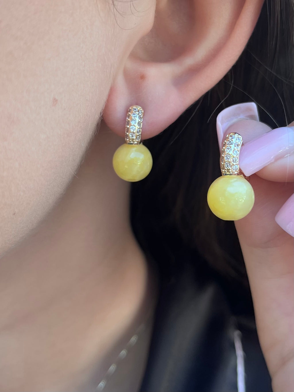 Natural yellow Jade Gold Zirconia Earrings
