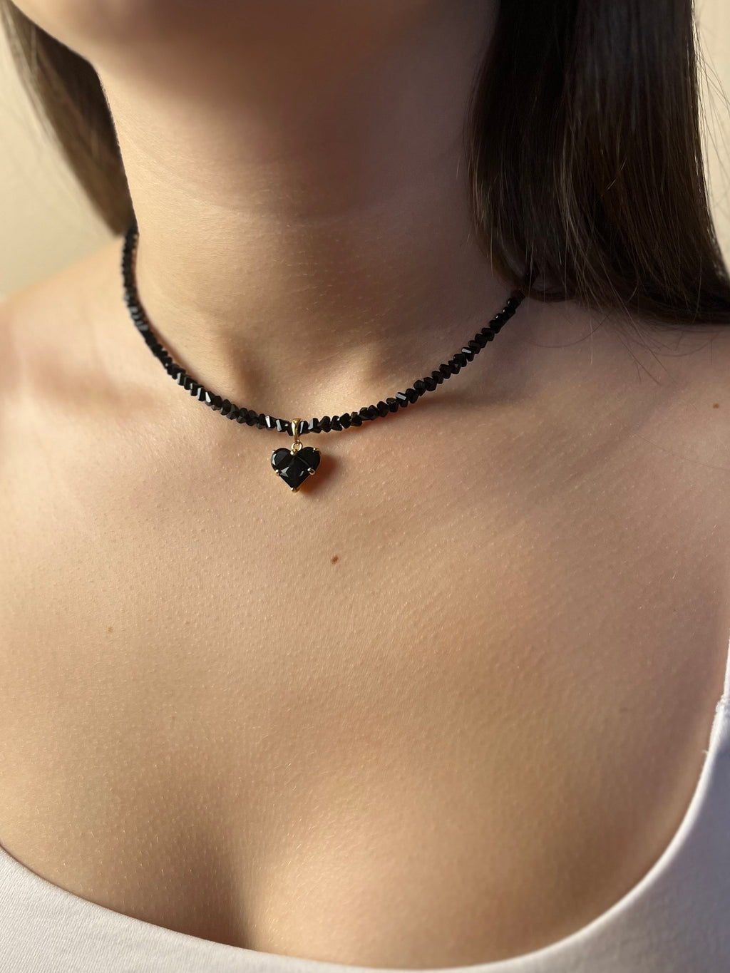 Set: Heart Black Crystal Choker Necklace and Earrings – 18K Gold Plated, Cubic Zirconia, Nickel Free