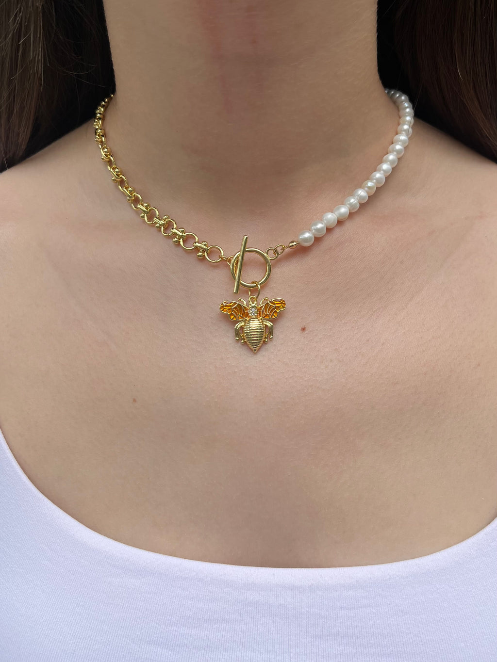 Asymmetrical Pearl Necklace with Bee Pendant, 18K Gold Plated Chain