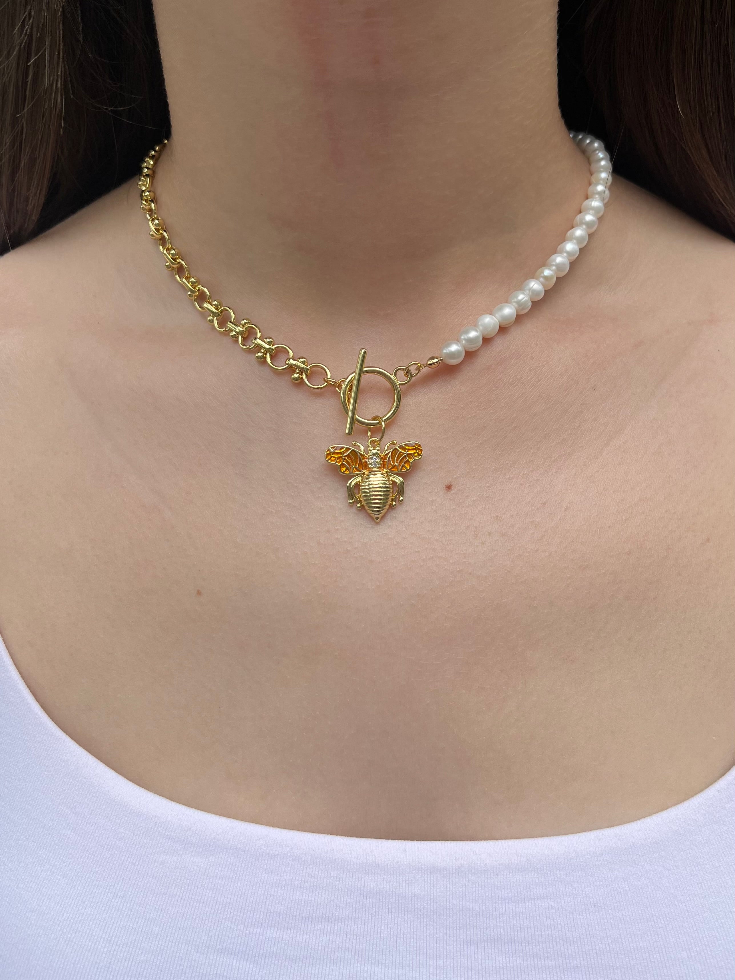 Asymmetrical Pearl Necklace with Bee Pendant, 18K Gold Plated Chain