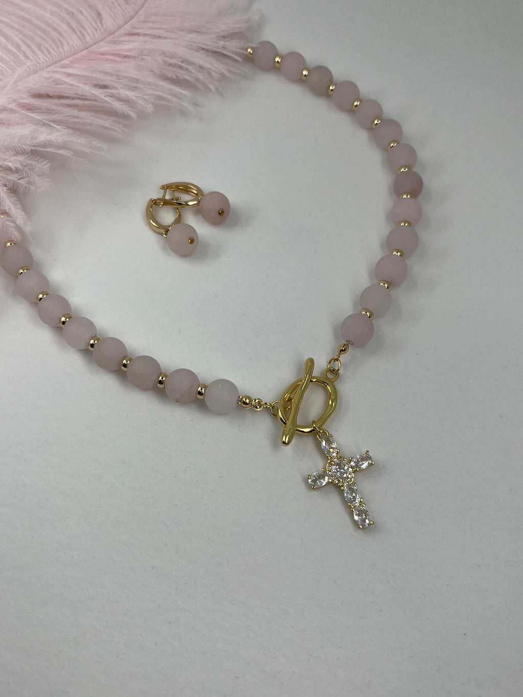 Set: Rose Quartz Cross Necklace and Earrings, 18k gold plated