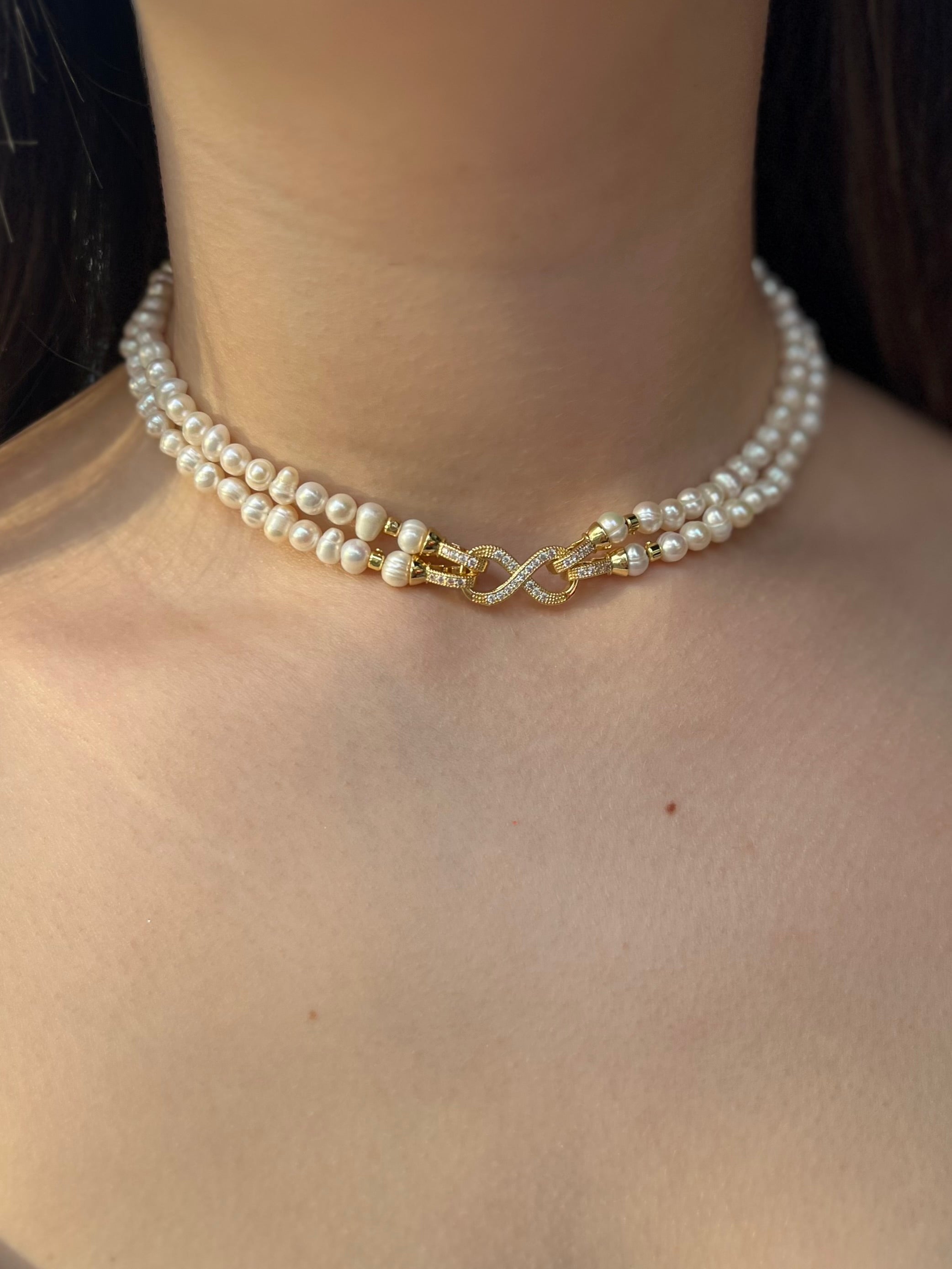 Pearl Choker Necklace : 18K Gold Plated Zirconia Clasp