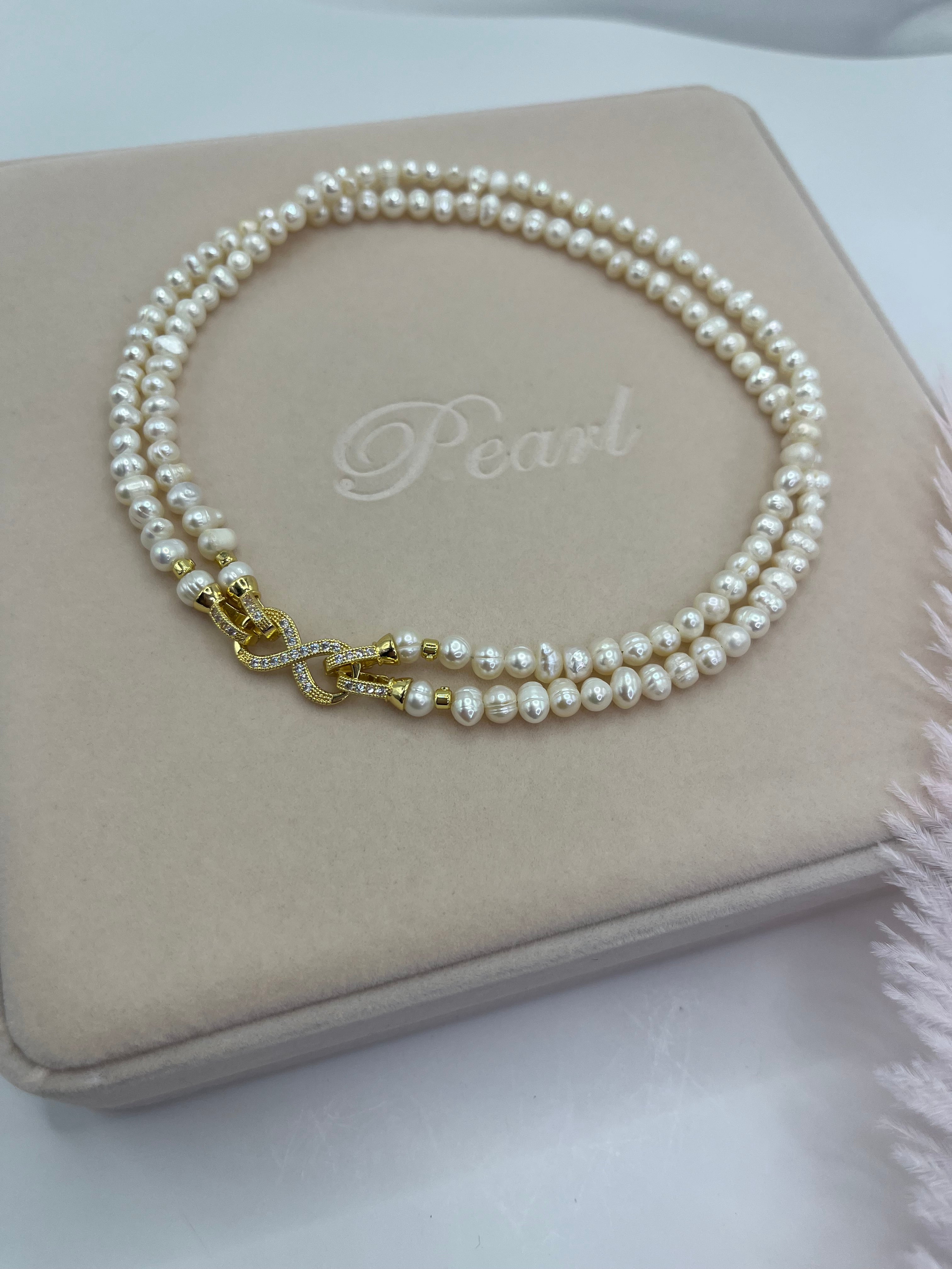 Pearl Choker Necklace : 18K Gold Plated Zirconia Clasp