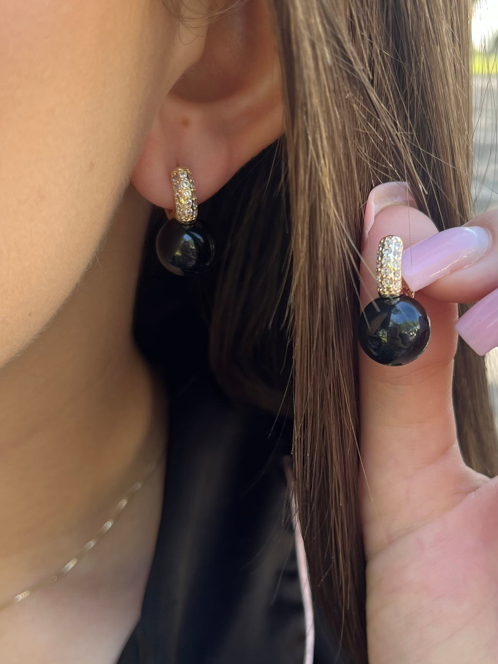 Natural Onyx Gold Zirconia Earrings