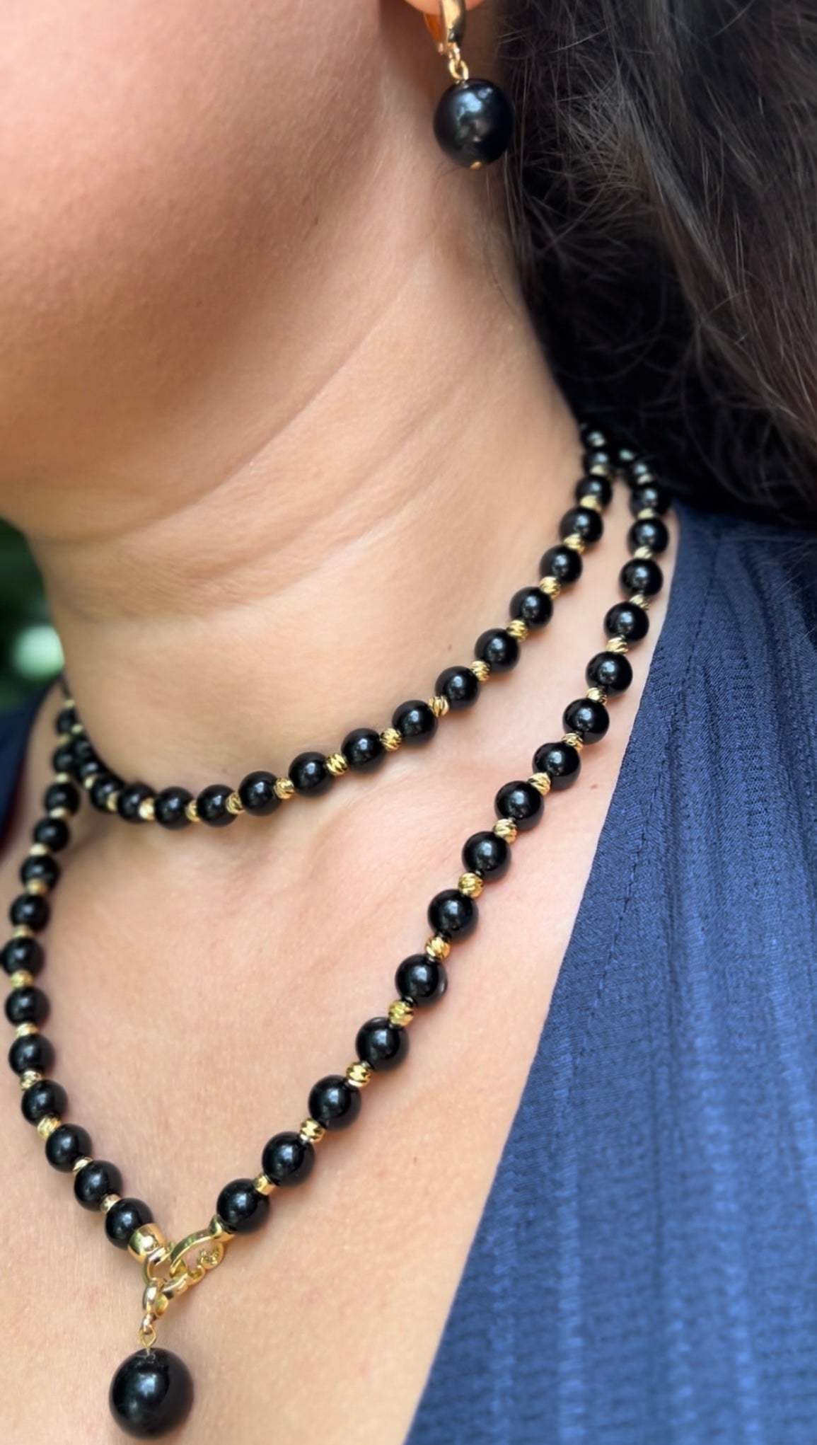 Set: Black Onyx Necklace and Earrings Set: 18K Gold Plated